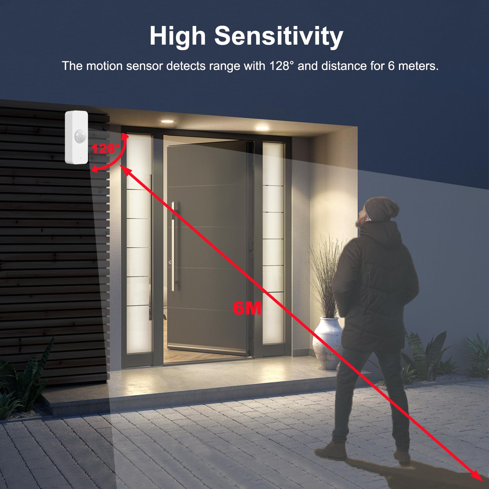Smart WiFi Motion Sensor with App Alerts – 128° Detection, 6m Range, No Hub Required, Voice Control & Automation (White)