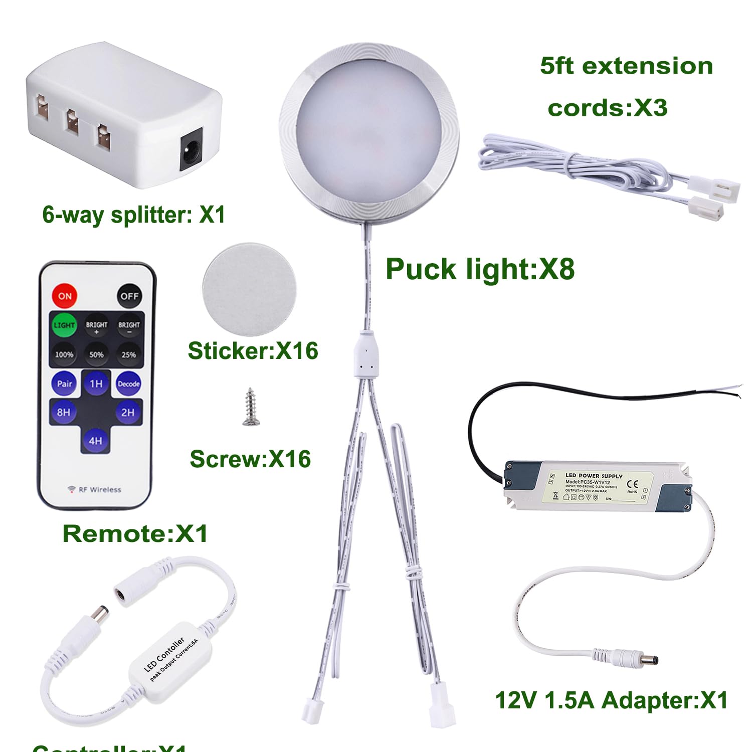 Linkable Under Cabinet LED Lighting 12V Slim Aluminum Dimmable Puck Lights Direct Wired with RF Remote Control for Kitchen Lighting(8pack Daylight White)