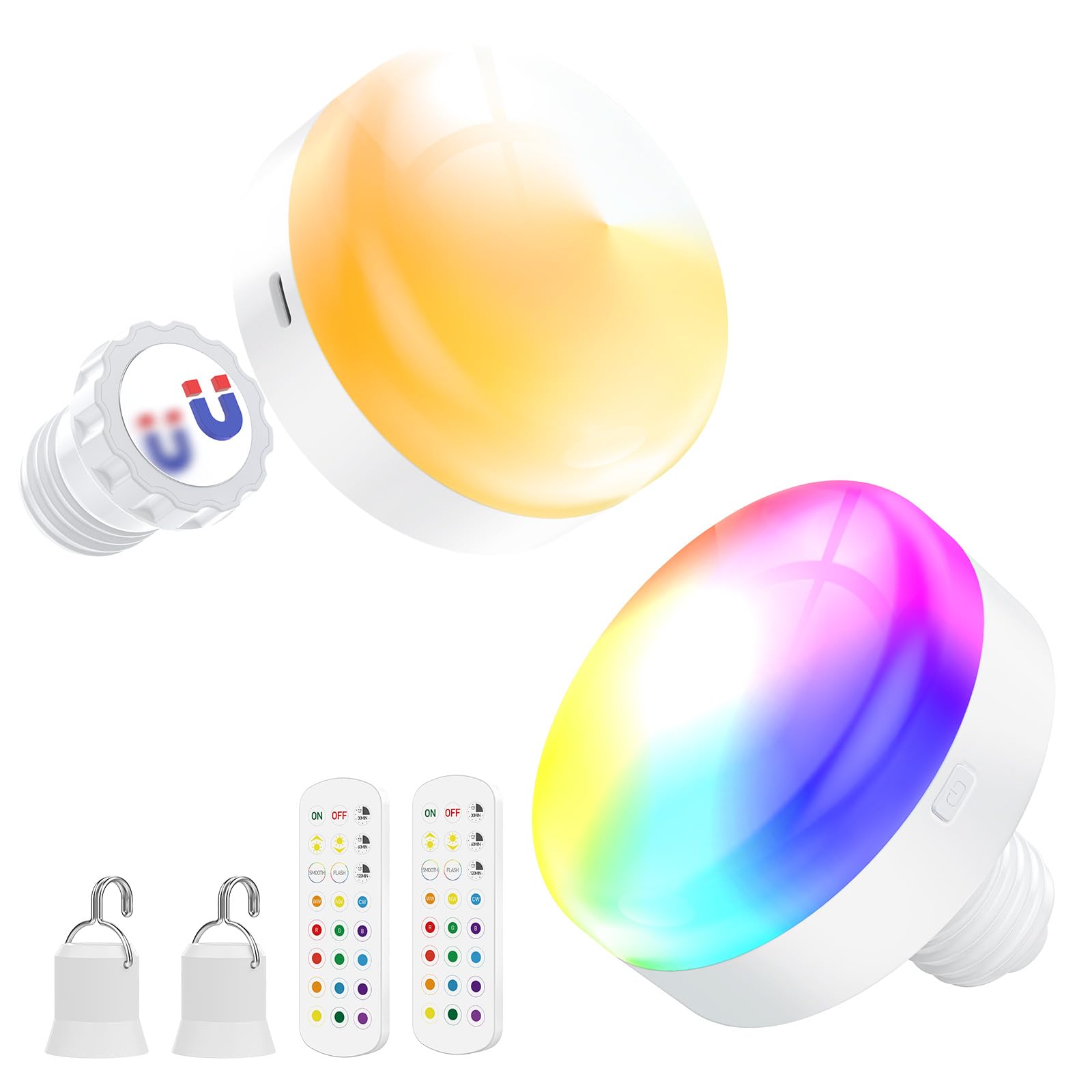 Battery Operated Light Bulbs, 5000mAh Rechargeable Light Bulb Set of 2 with Remote, 3 Colors 10 Levels Dimmable Fabric Wireless Sconces Light Bulb with Timer for Bedroom Living Room