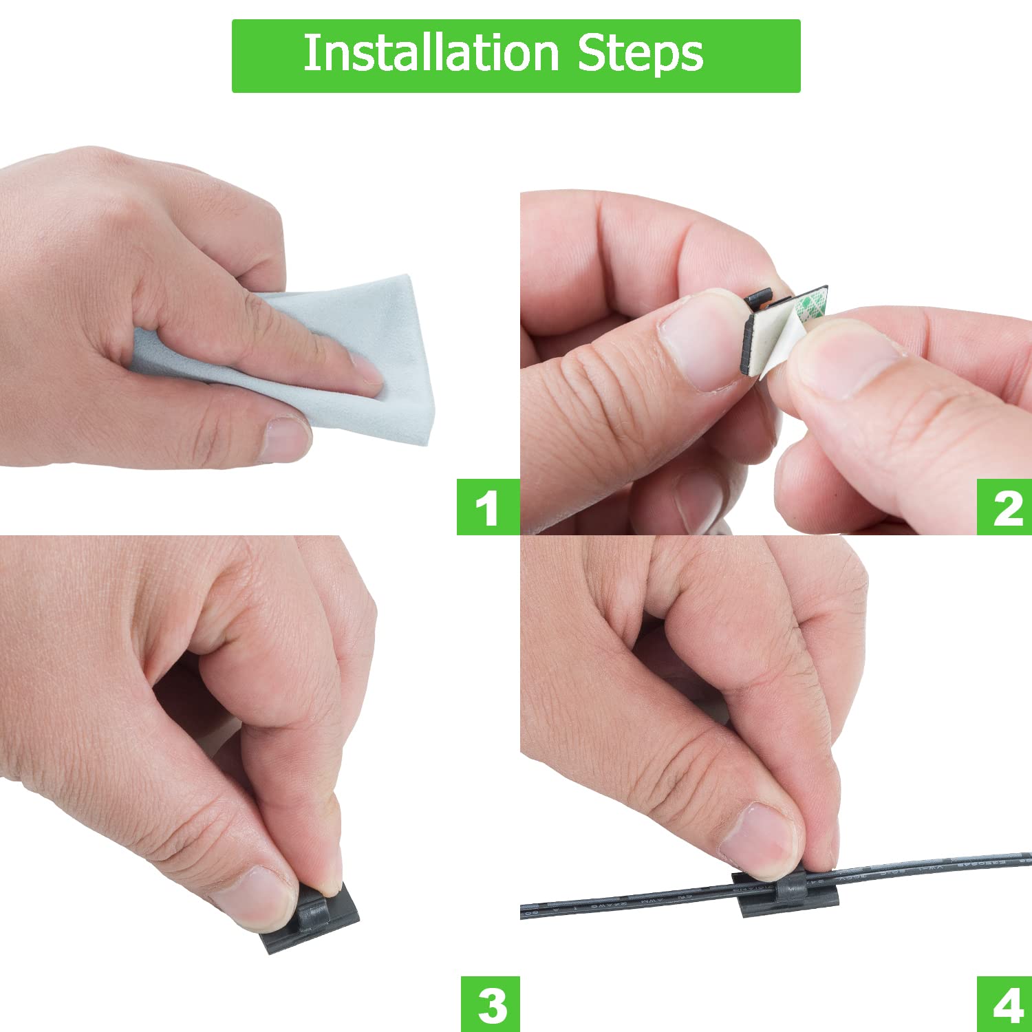 100PCS Cable Clips Black, AIBOO Upgraded Wire Clips Adhesive with 50PCS Small Size & 50PCS Large Size Cable Straps, Mini Cable Wire Management for Handling Under Cabinet Lighting with Cords