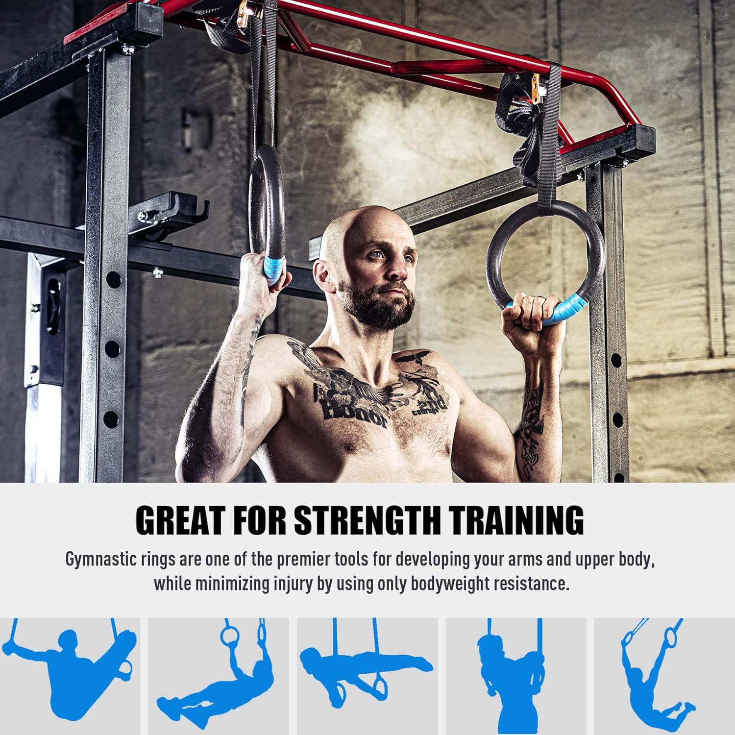Gymnastic Rings, Exercise Olympic Rings with Adjustable Straps, Steel Buckles, Perfect for Workout, Strength Training, Pull-Ups and Dips (Black)