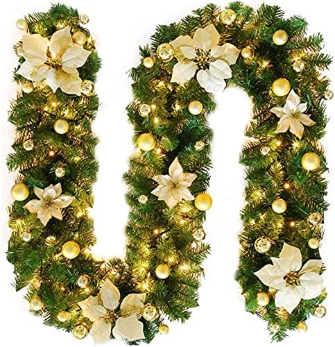 2.7M Christmas Garland with Lights Rattan Artificial Garland Green for Indoor Home Fireplace Stair Decorations-Gold