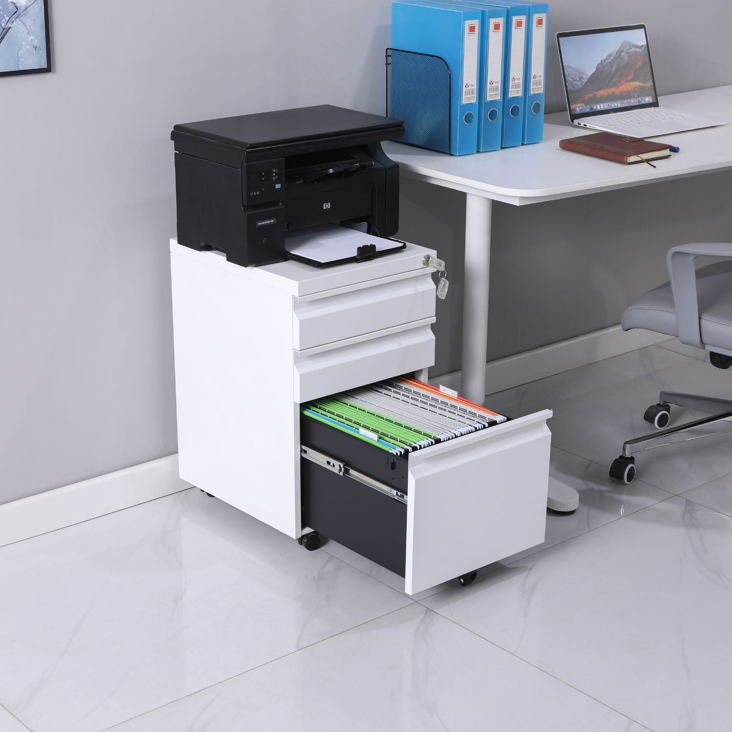 EKKIO 3 Drawer Mobile File Cabinet with Lock (White)