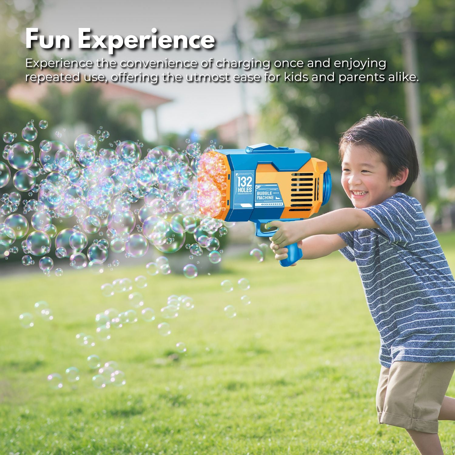 GOMINIMO 132 Holes Rechargeable Bubbles Machine Gun for Kids (Orange and Blue) GO-BMG-103-KBT