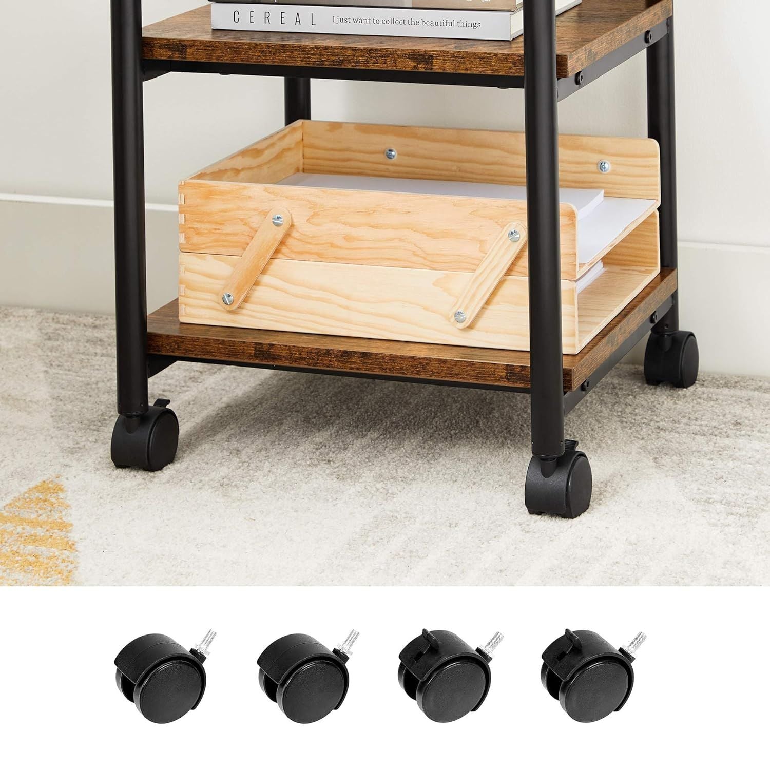 VASAGLE 3-Tier Machine Cart with Wheels and Adjustable Table Top Rustic Brown and Black