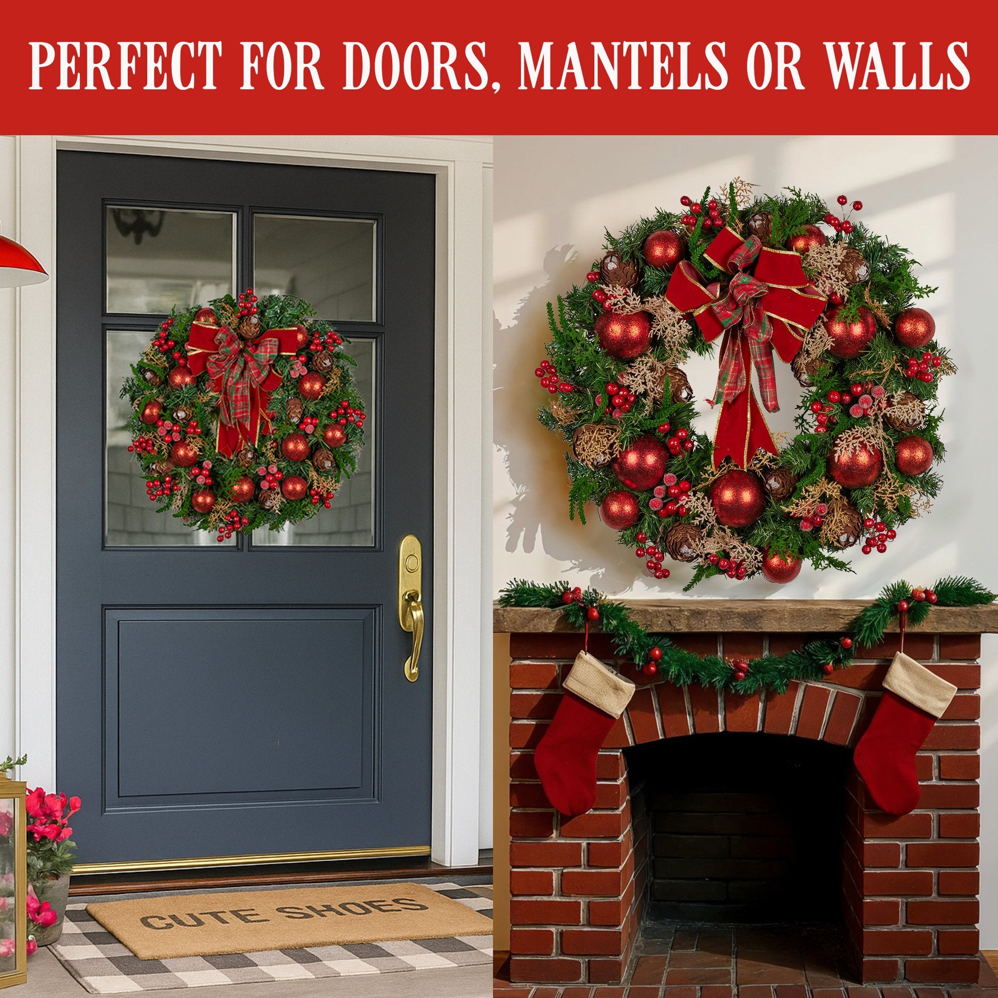 Christabelle Stunning 71cm Christmas Wreath Lush Red Baubles Berries Pine Cones and Bow Front Door Decoration