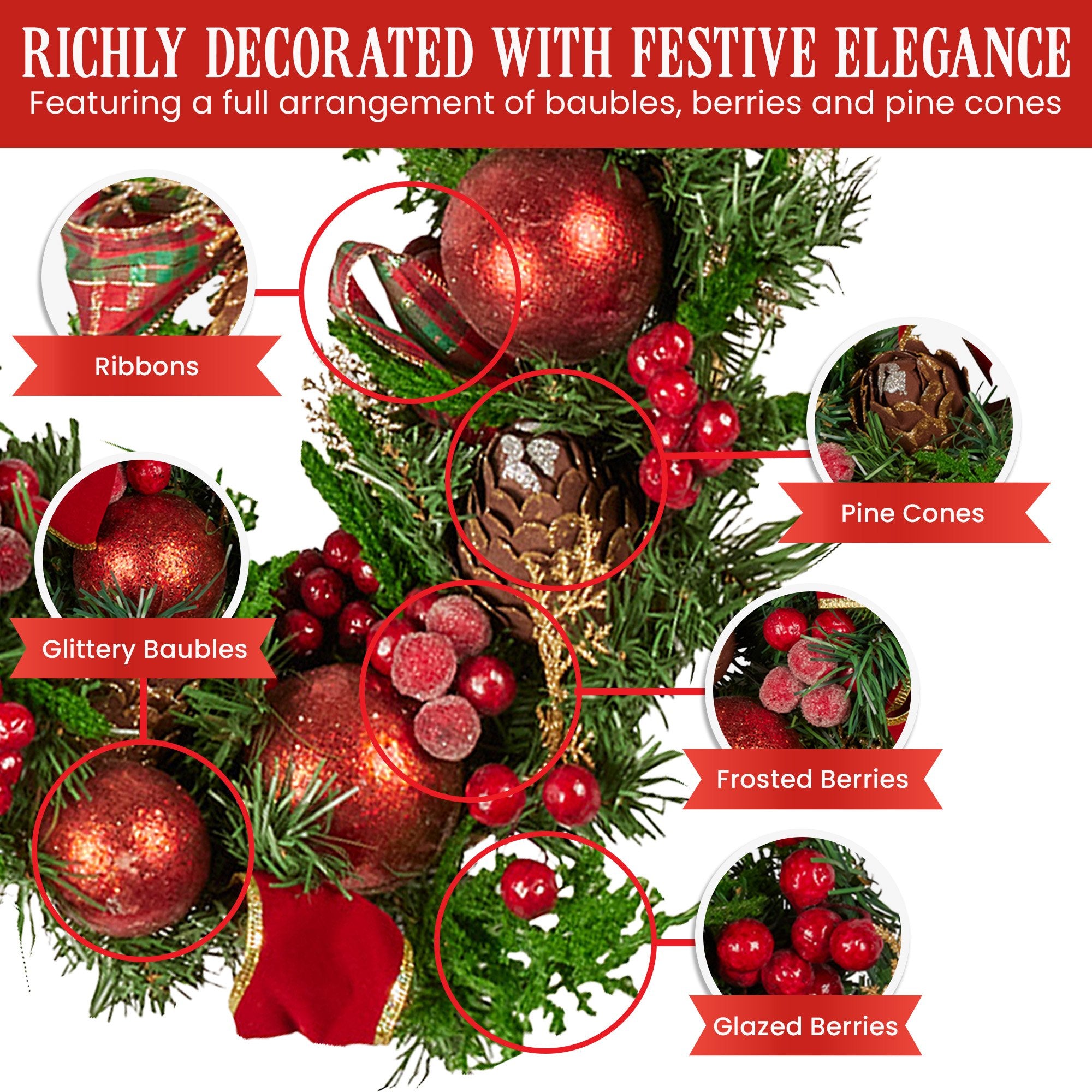 Christabelle 1.85m Christmas Garland with Red Berries Pine Cones Baubles Bows Tree Decoration Ornament