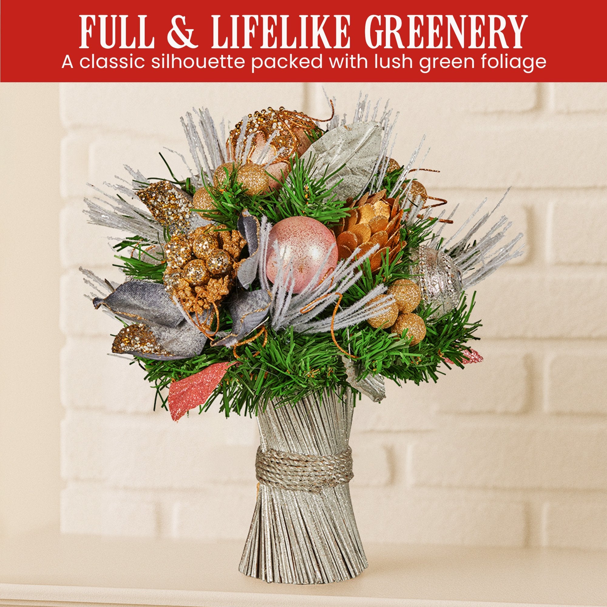 Christabelle 33cm Christmas Bouquet Pre Decorated Holiday Floral Arrangement w/Jewelled Baubles, Berries, Flowers & Pine