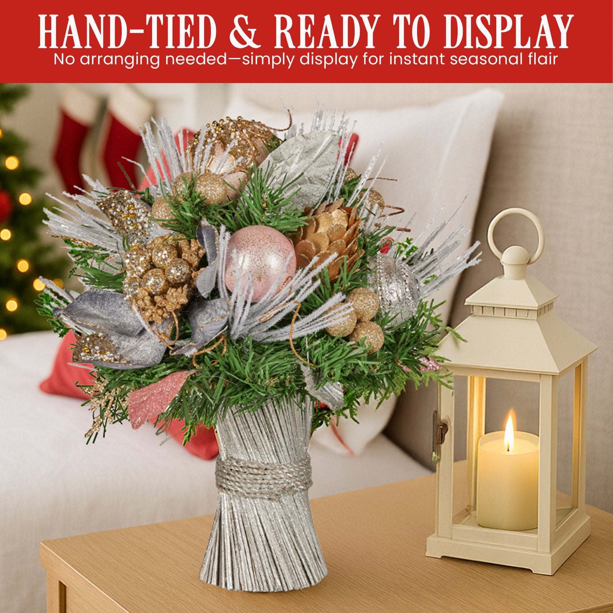 Christabelle 33cm Christmas Bouquet Pre Decorated Holiday Floral Arrangement w/Jewelled Baubles, Berries, Flowers & Pine