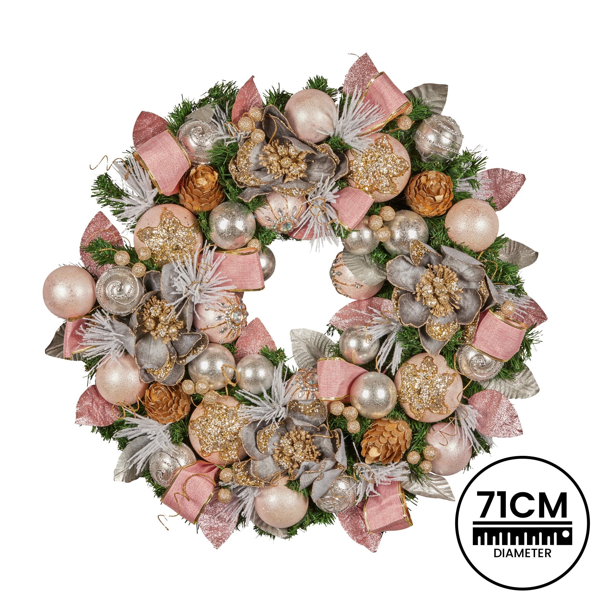 Christabelle 71cm Christmas Wreath Lush Pink Front Door Decoration Jewelled Baubles Flowers Pine Cones Ribbons Ornaments