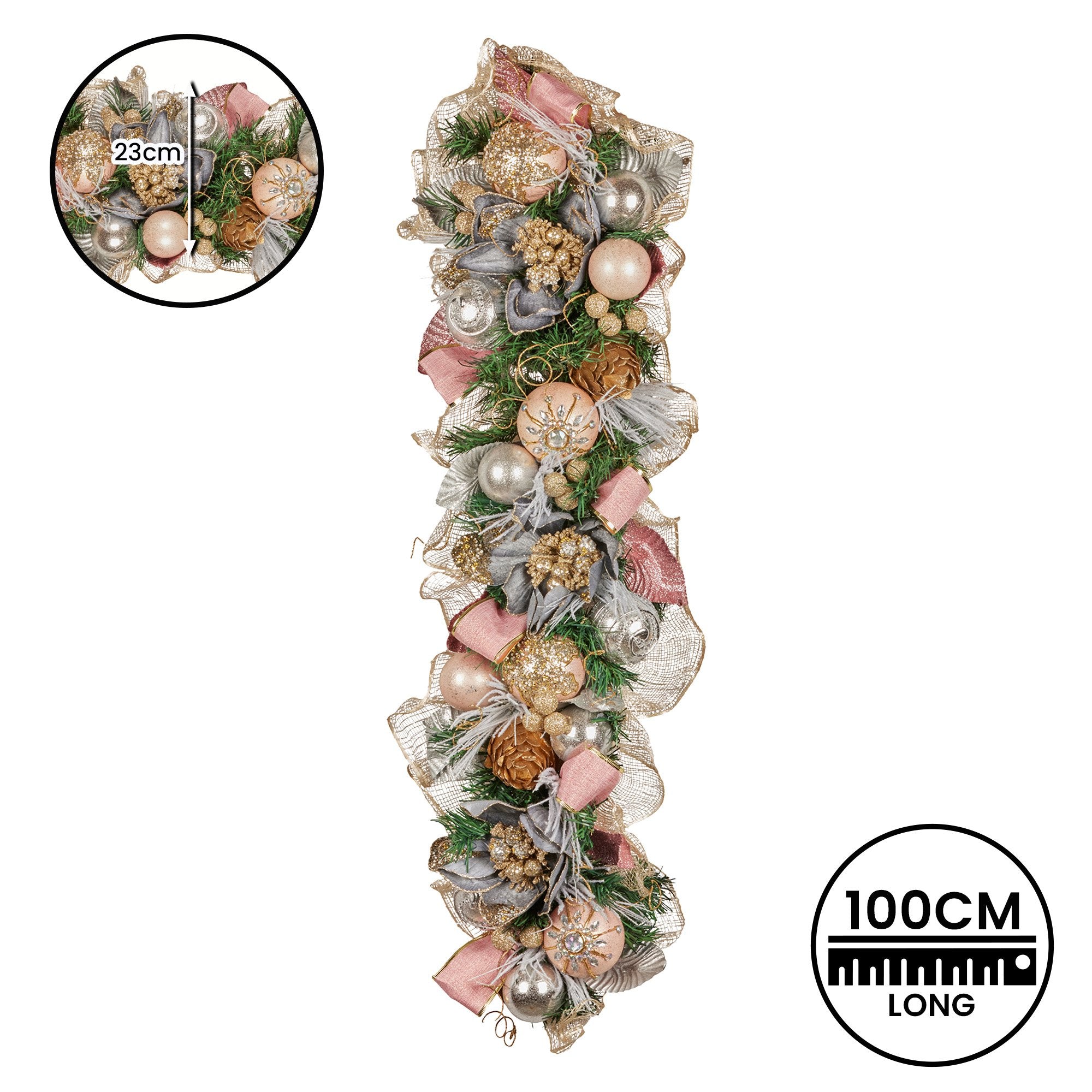 Christabelle Premium 100cm Christmas Garland Jewelled Baubles & Berries Tree Decoration Ornament Pink Silver Gold