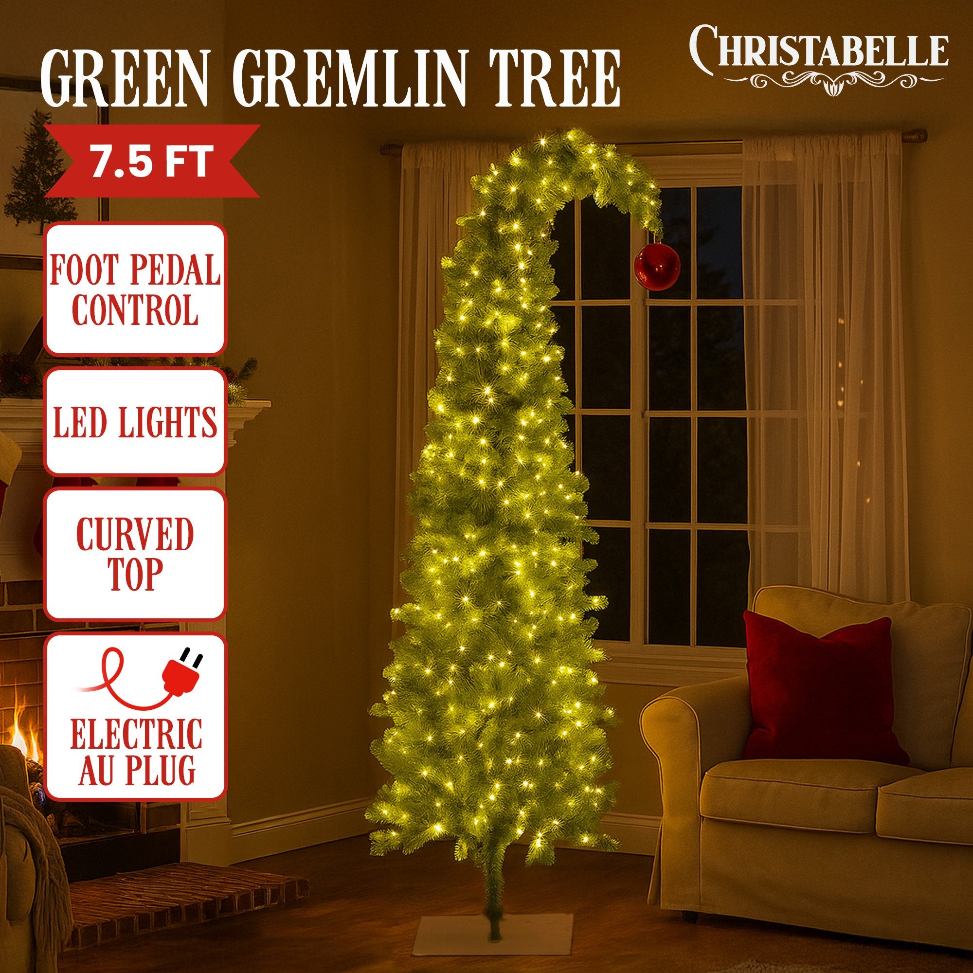 Christabelle 7.5ft Christmas Gremlin Tree Curved Top Red Bauble Built-in Green White LED Lights Control Base & Cord