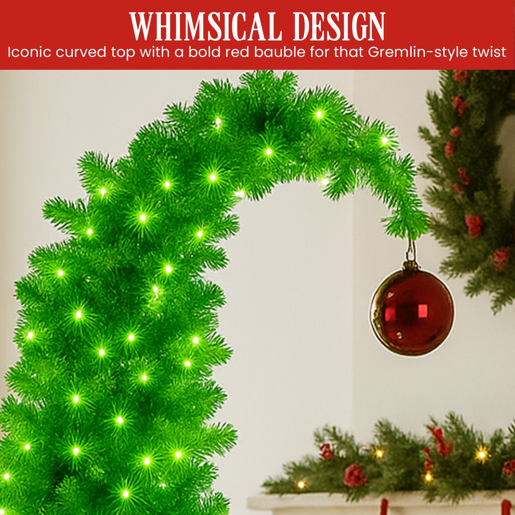 Christabelle 7.5ft Christmas Gremlin Tree Curved Top Red Bauble Built-in Green White LED Lights Control Base & Cord