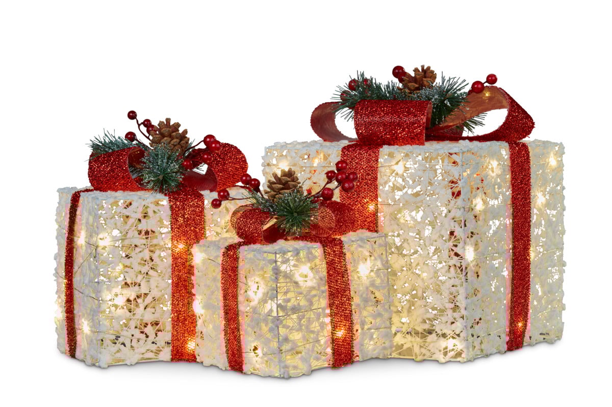 Christabelle 3 Piece Christmas Present Display Set With Lights & Red Bows