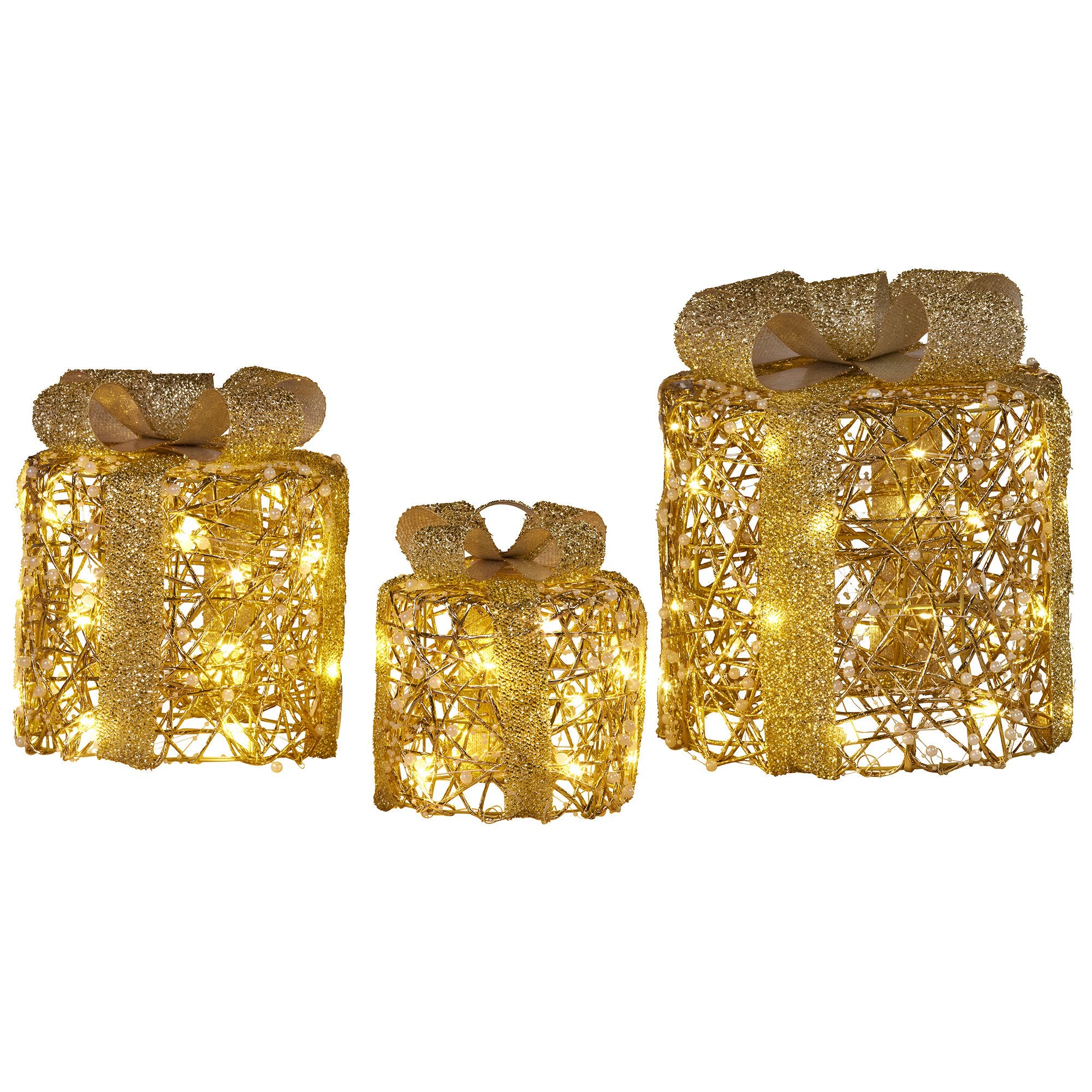 Christabelle Set of 3 Battery Operated Golden Cylindrical Christmas Gift Boxes w/Warm LED Lights Indoor Holiday Present