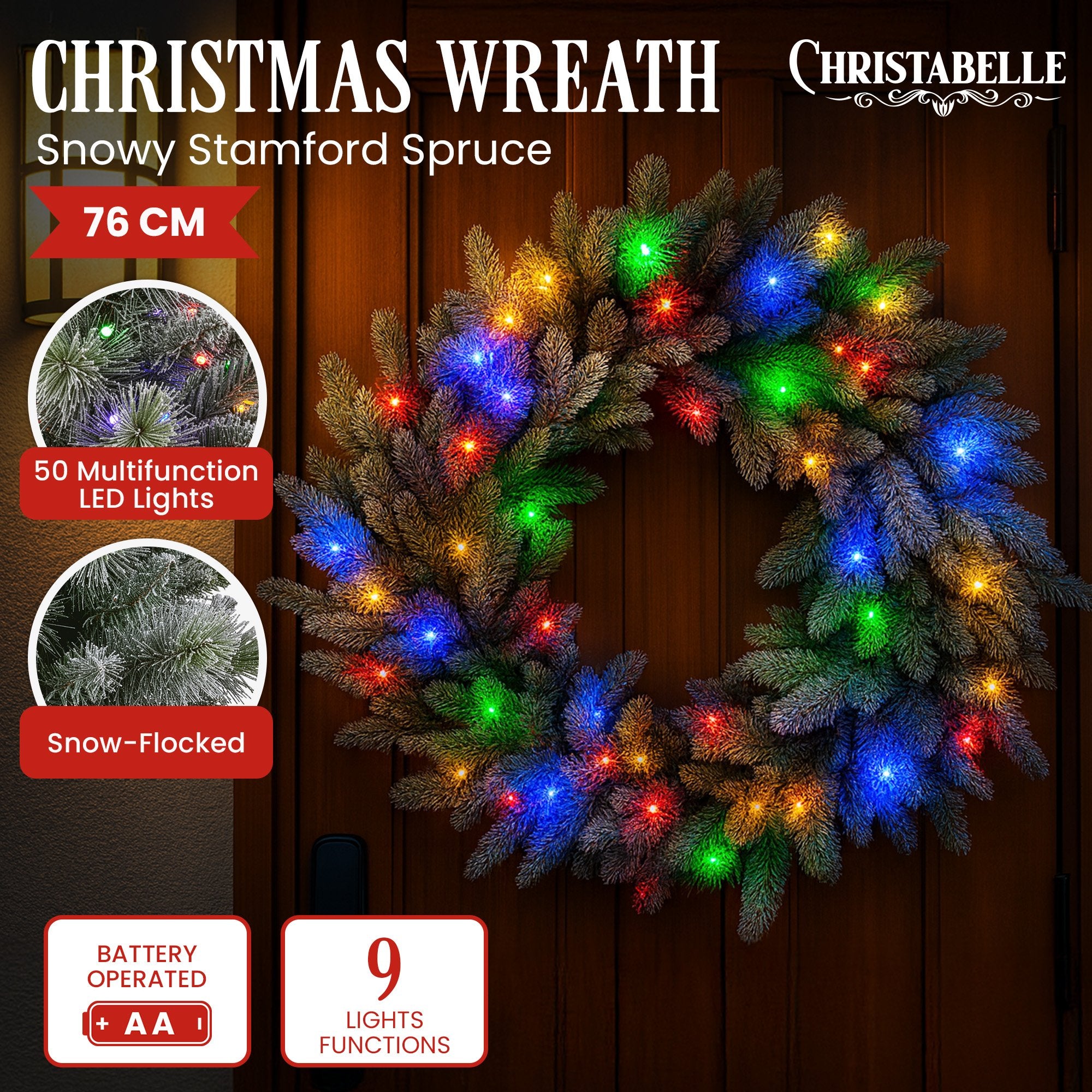 Christabelle 76cm Christmas Wreath Snowy Stamford Spruce with LED Lights Front Door Decoration Ornament