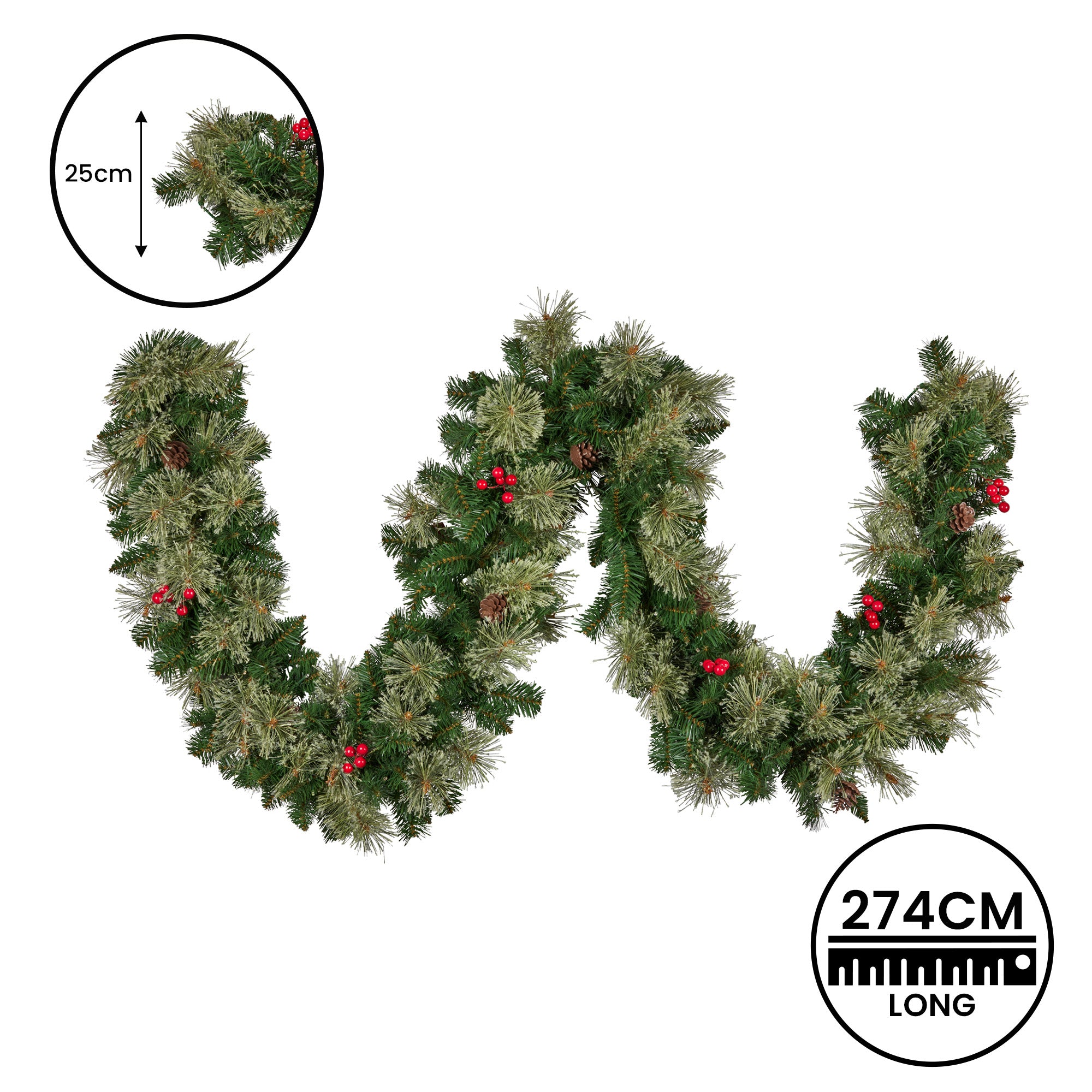 Christabelle 2.74m Christmas Garland with LED Lights Berries Pine Cones Multicolour Tree Decoration Ornament