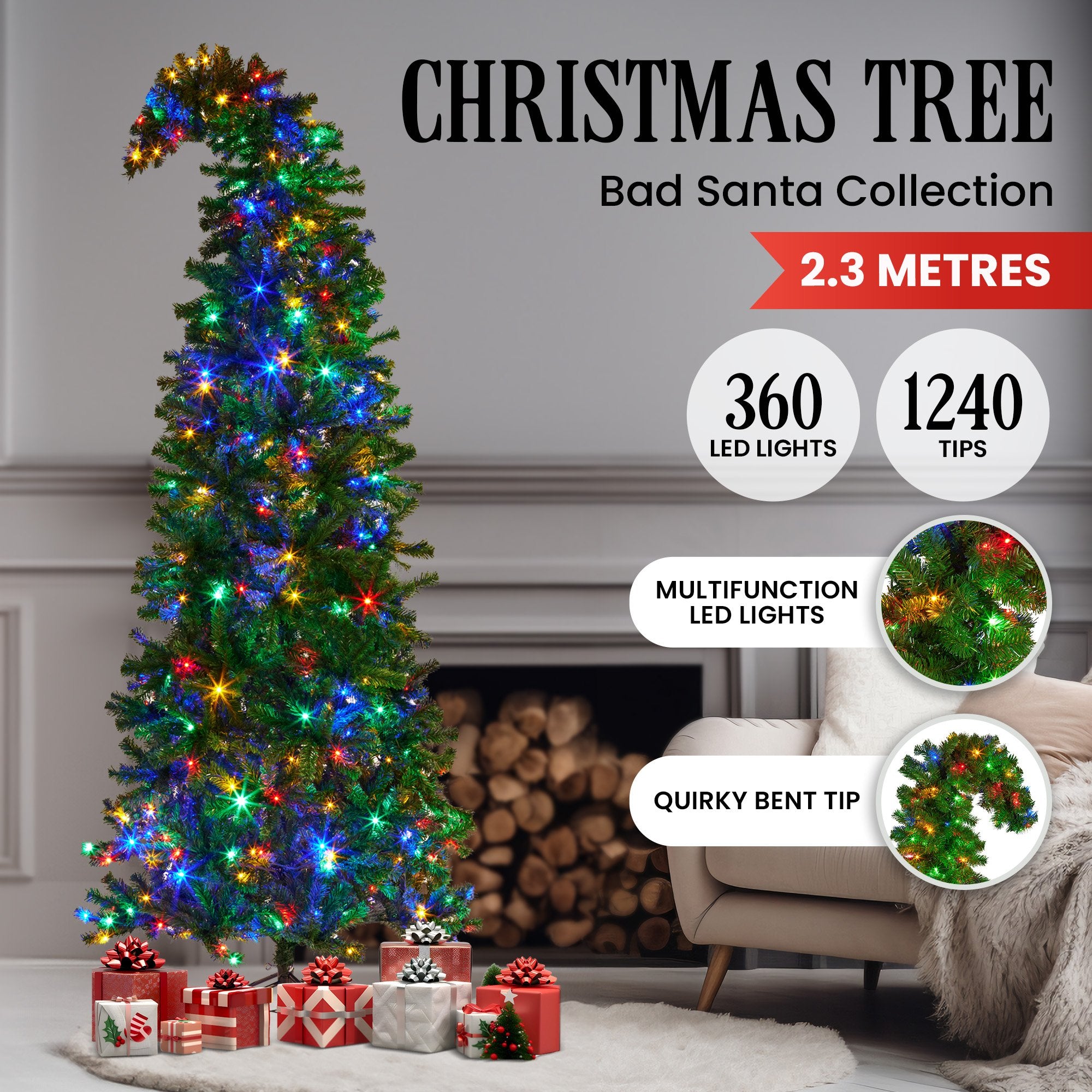 Christabelle Bad Santa 2.3m Curved Multicolour Pre-Lit Christmas Tree with 1240 Tips