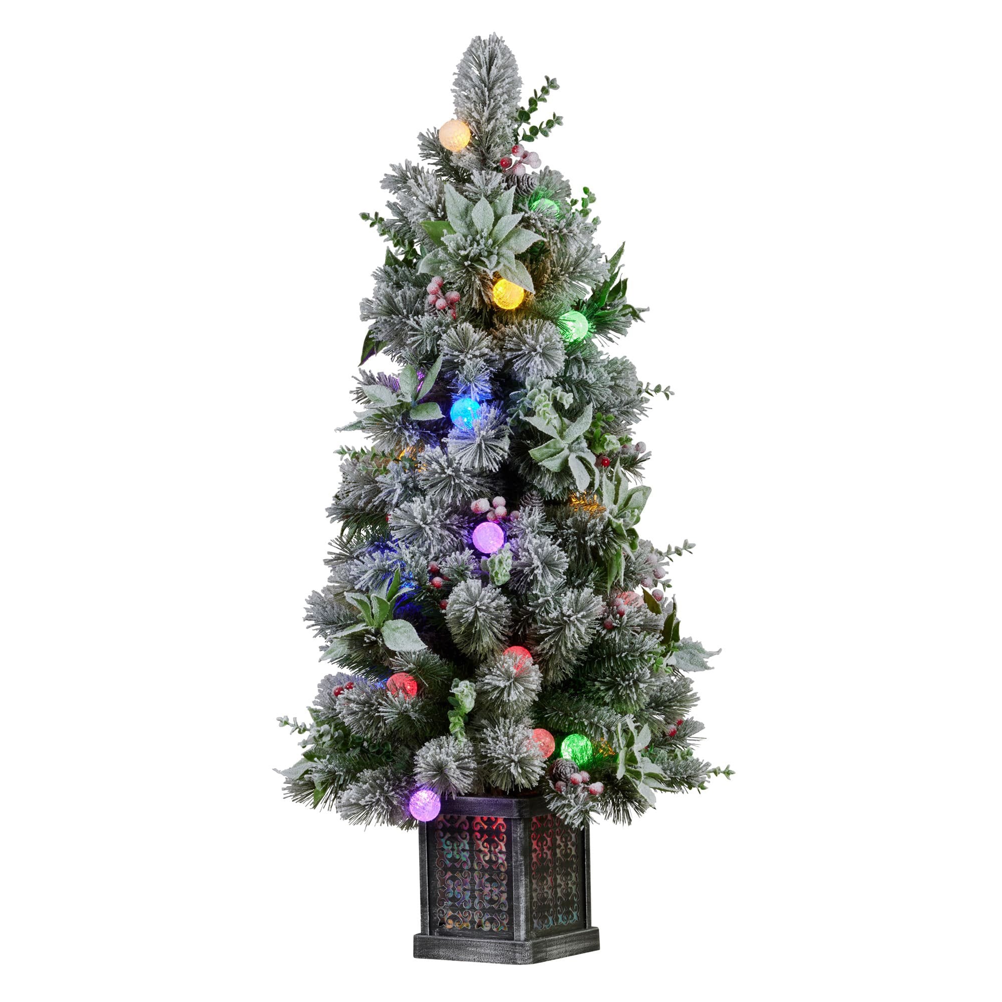 Christabelle Snowy Crown Pine Potted Christmas Tree 1.2m Multicolour Pre-Lit with Snowball Lights