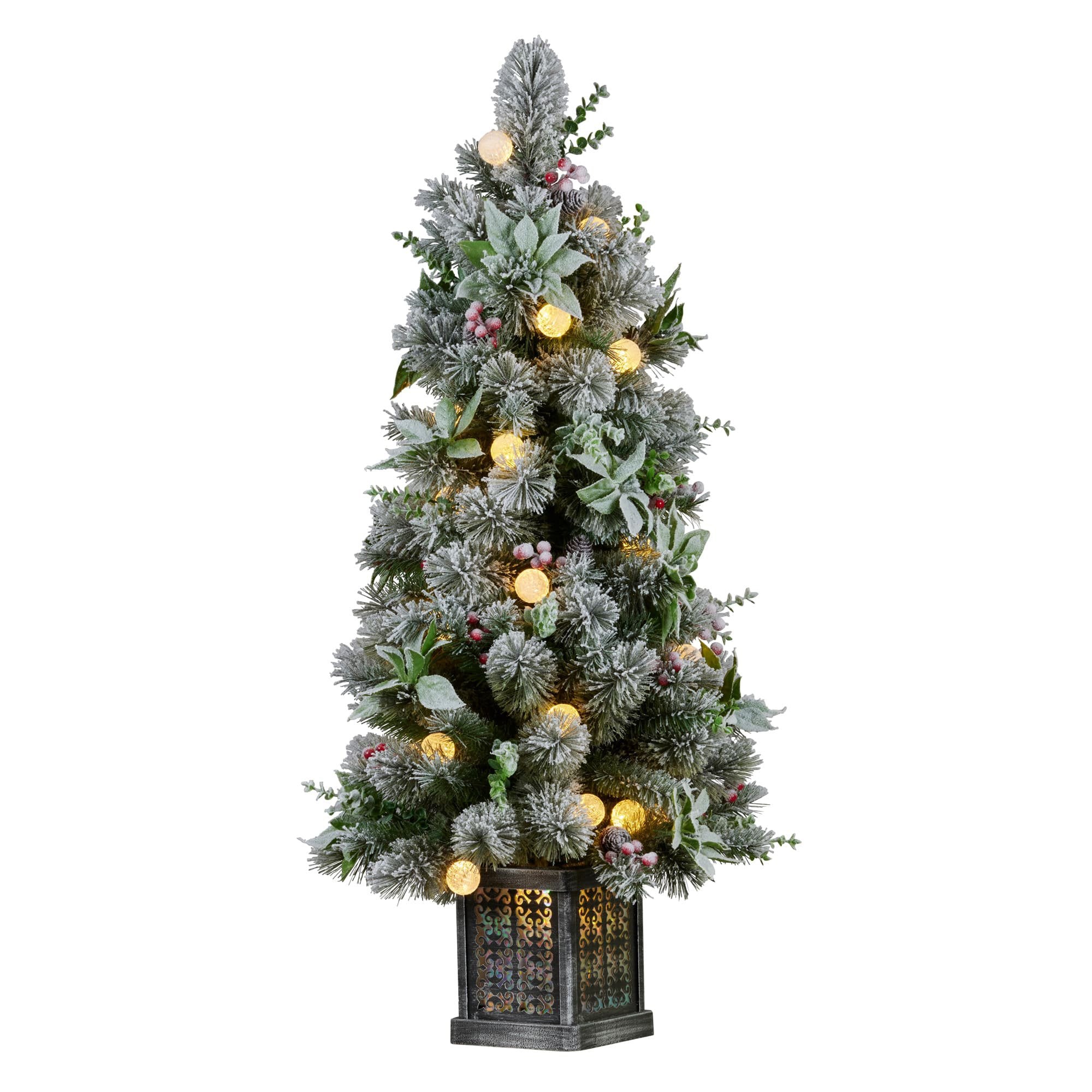 Christabelle Snowy Crown Pine Potted Christmas Tree 1.2m Multicolour Pre-Lit with Snowball Lights