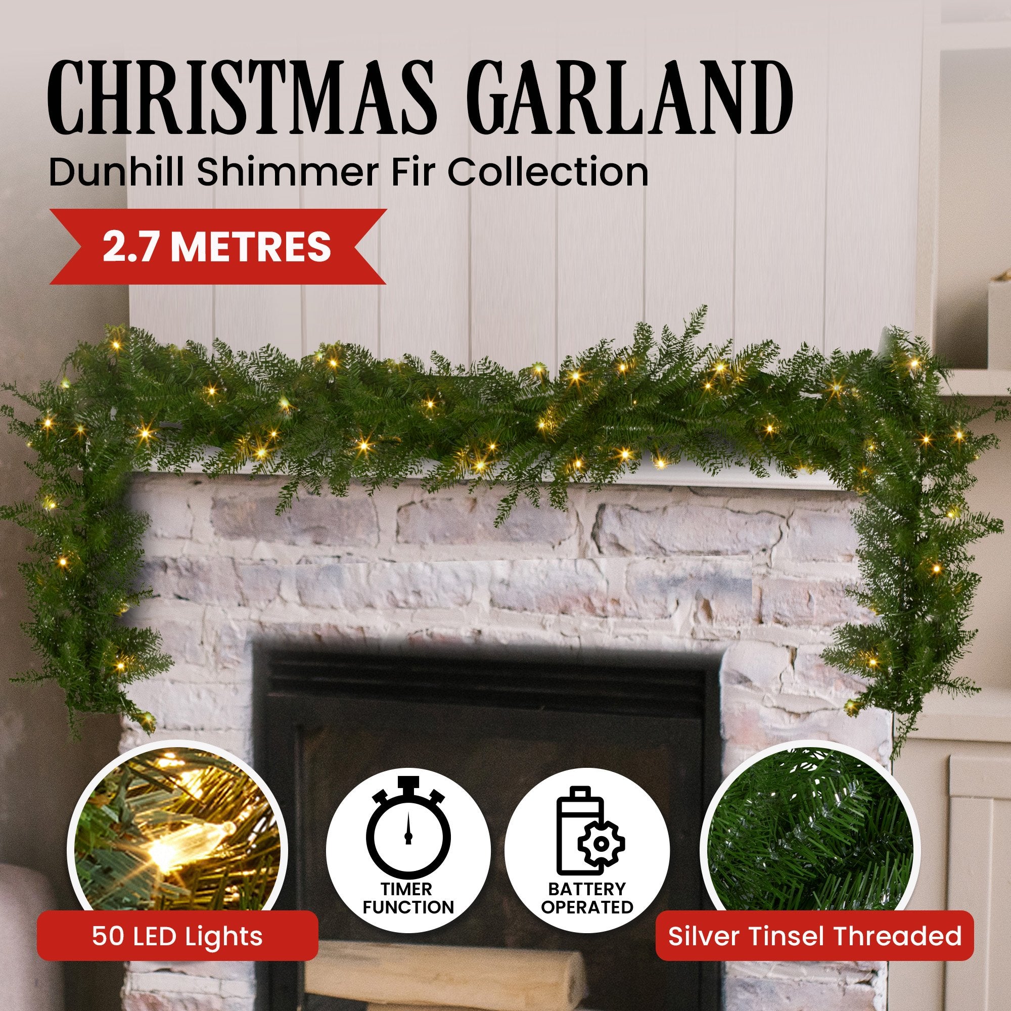 Christabelle 2.74m Christmas Garland with LED Lights Dunhill Shimmer Fir Tree Decoration Ornament