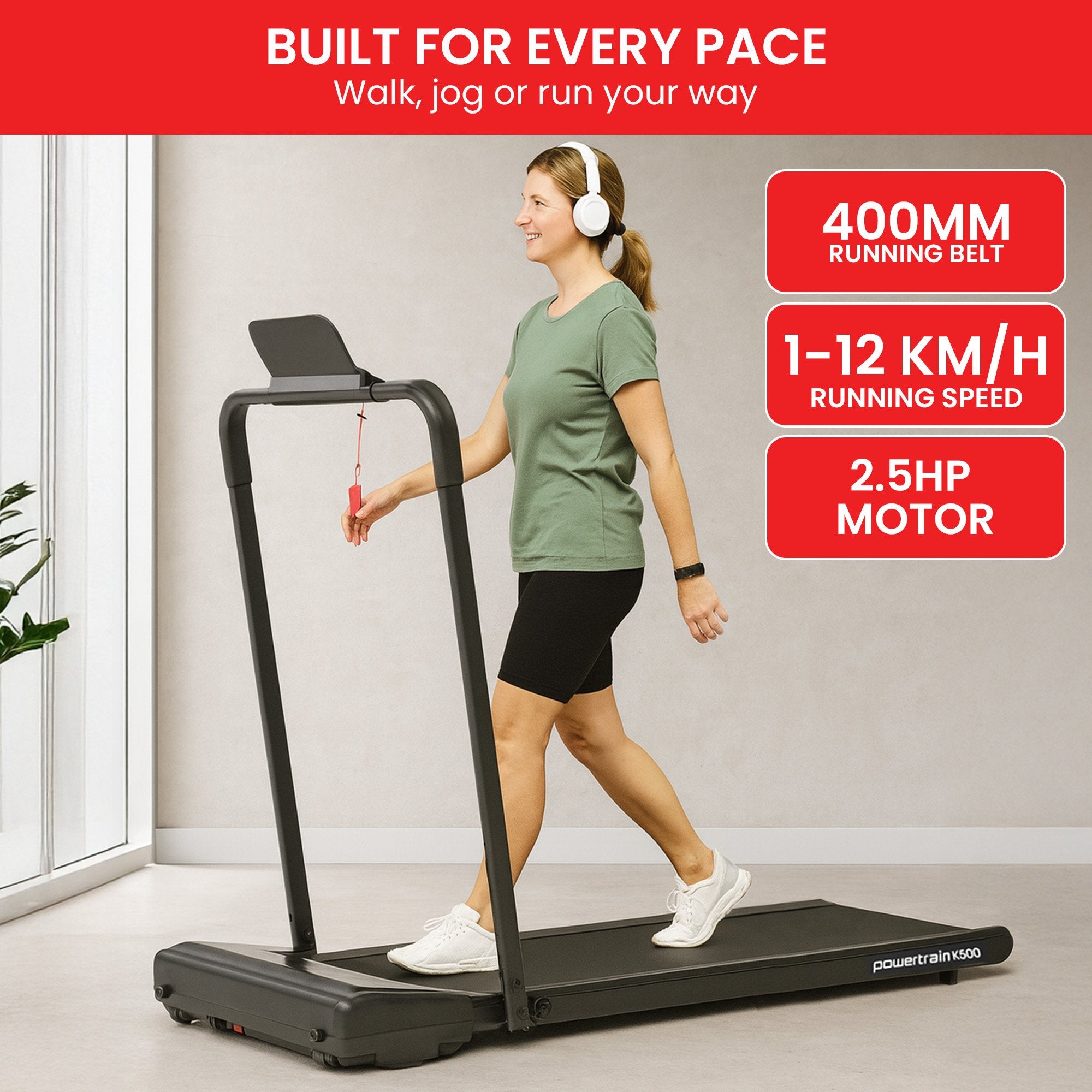 Powertrain K500 Walking Pad Treadmill 2 in 1 Foldable Walking & Running Machine w/2.5HP Motor Dual LED Displays 2 Level