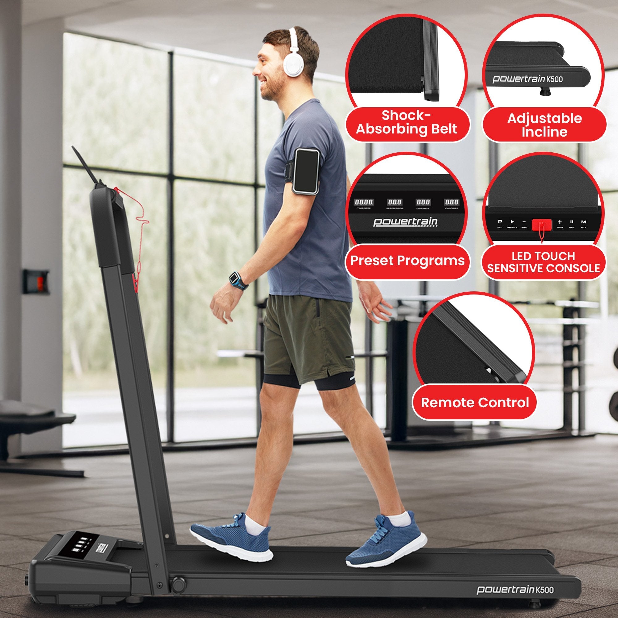 Powertrain K500 Walking Pad Treadmill 2 in 1 Foldable Walking & Running Machine w/2.5HP Motor Dual LED Displays 2 Level