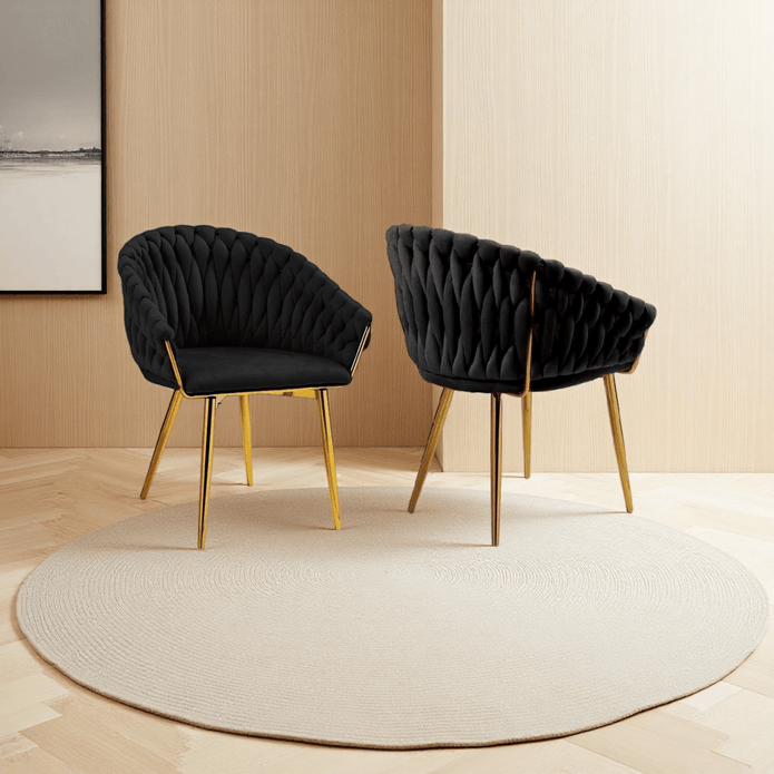 SERENITà Black Modern Velvet Dining Chairs, Upholstered Living Room Chair with Woven Back and Golden Metal Legs, Mid-Century Accent Set of 2