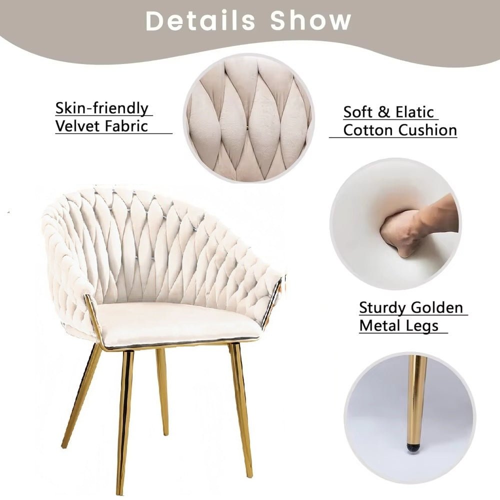 SERENITà Ivory Modern Velvet Dining Chairs, Upholstered Living Room Chair with Woven Back and Golden Metal Legs, Mid-Century Accent Set of 2