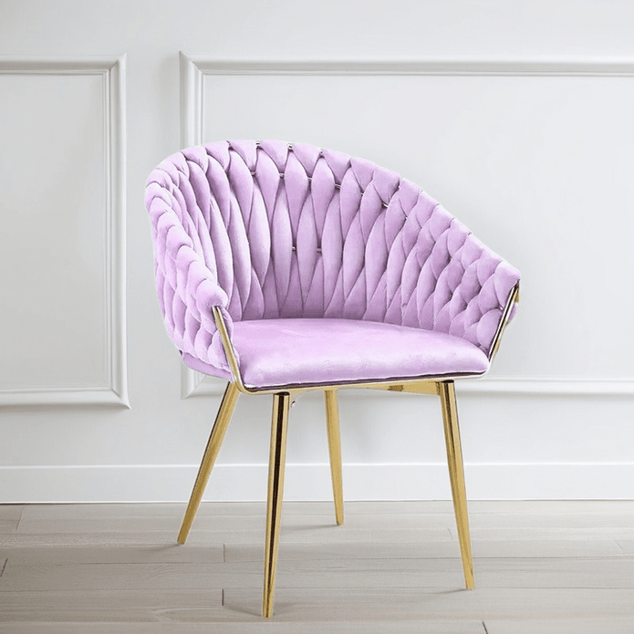 SERENITà Pink Modern Velvet Dining Chairs, Upholstered Living Room Chair with Woven Back and Golden Metal Legs, Mid-Century Accent Set of 2