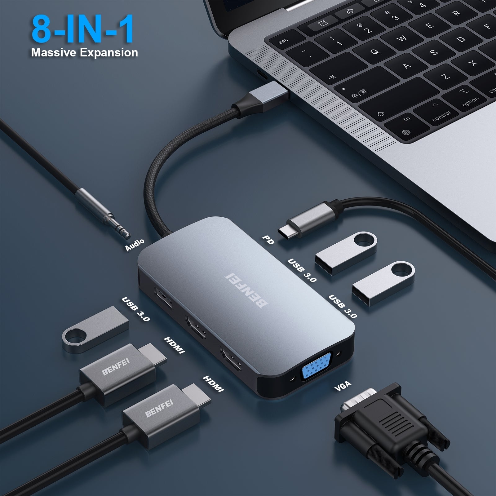 BENFEI 335GY USB-C Hub with Triple Display, 8-in-1 Docking Station (100W PD, Dual 4K HDMI, VGA, 3x USB 3.0)