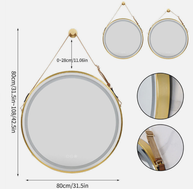 Interior Ave - LED Round Hanging Salon / Bathroom Wall Mirror - Gold - 80cm