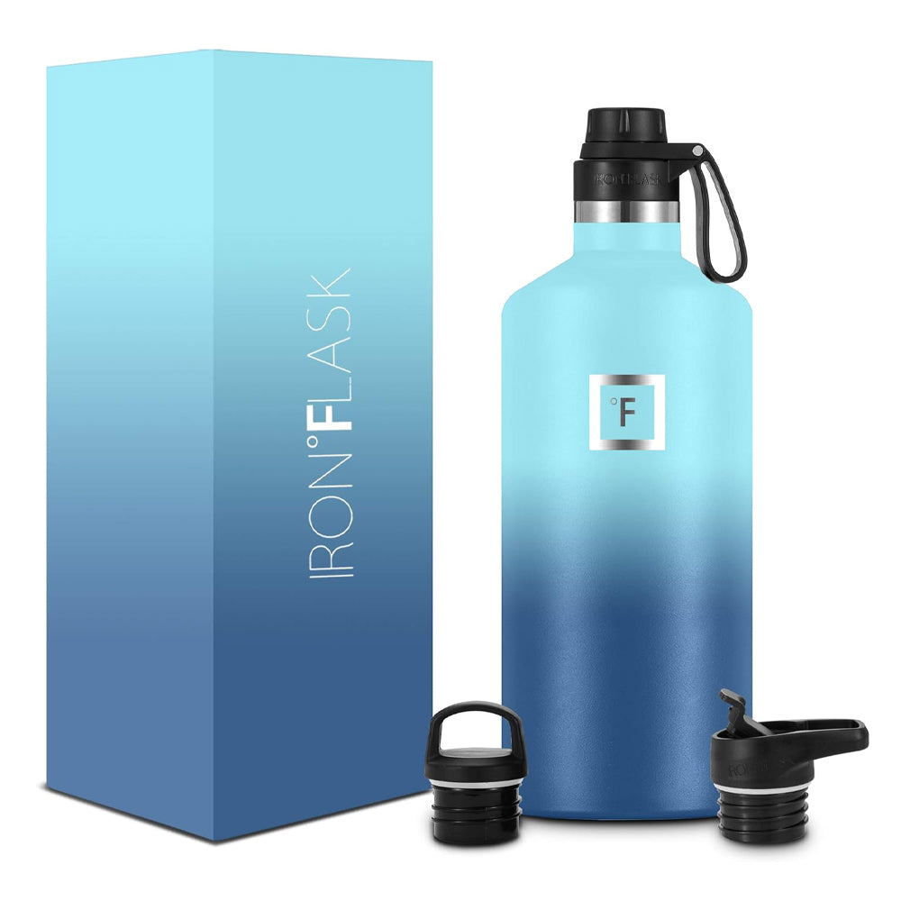 Iron Flask Narrow Mouth Bottle with Spout Lid, Blue Waves, 64oz/1900ml