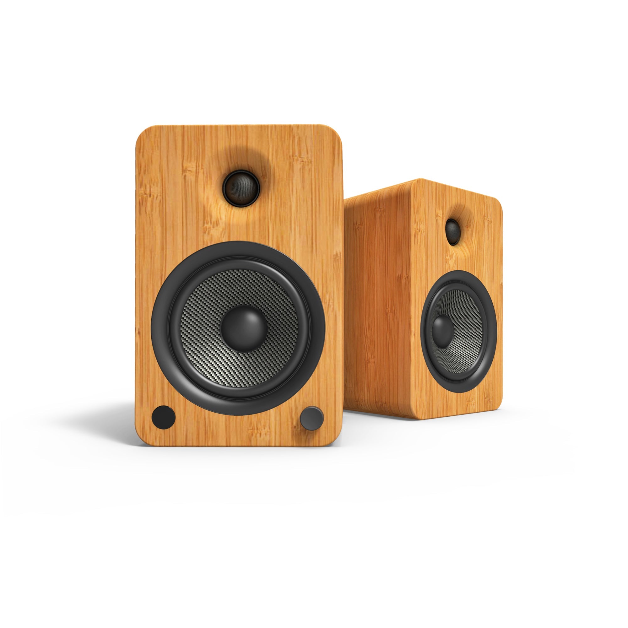 Kanto YU6 200W Powered Bookshelf Speakers with Bluetooth® and Phono Preamp - Pair, Bamboo with SP26PL Black Stand Bundle