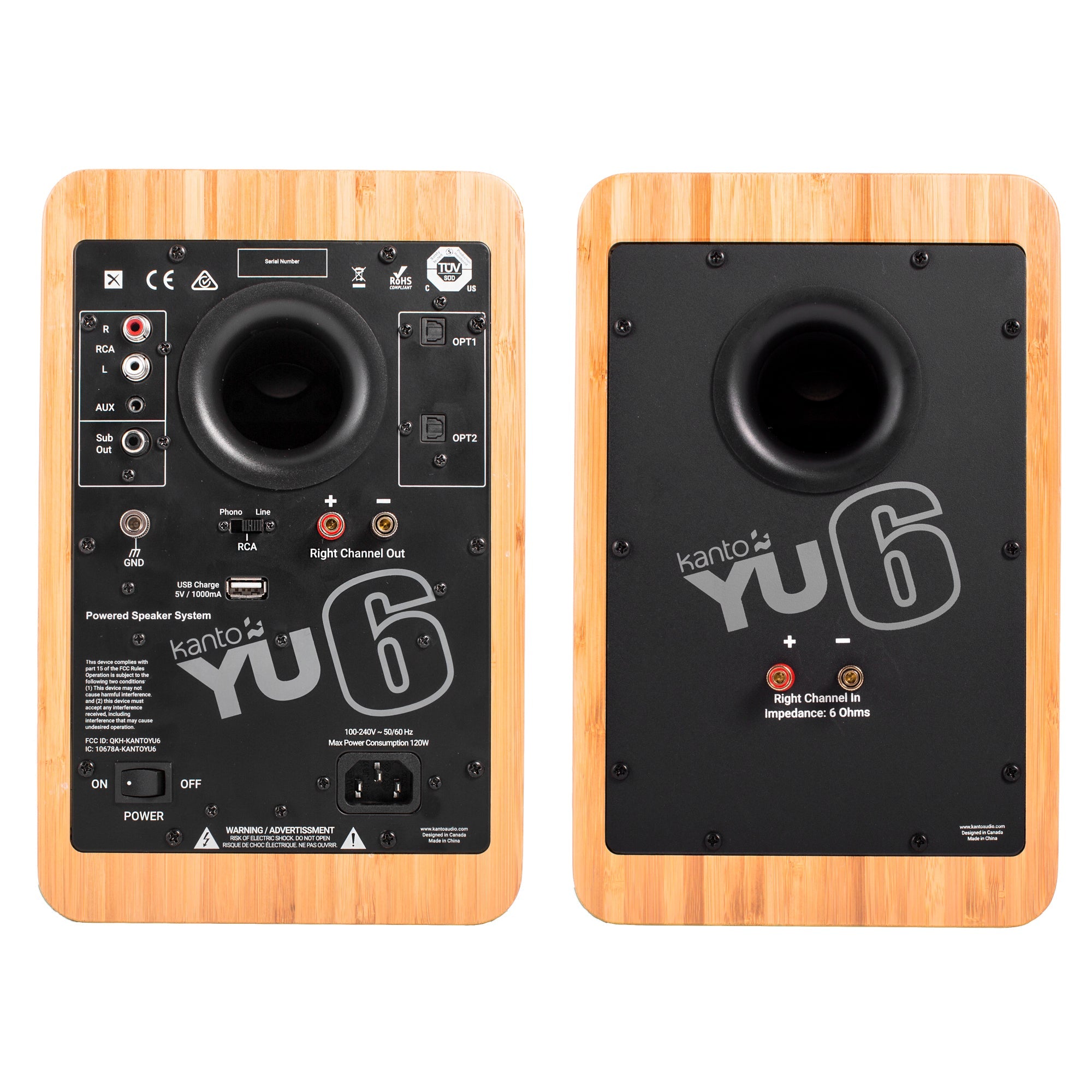 Kanto YU6 200W Powered Bookshelf Speakers with Bluetooth® and Phono Preamp - Pair, Bamboo with SP26PL Black Stand Bundle