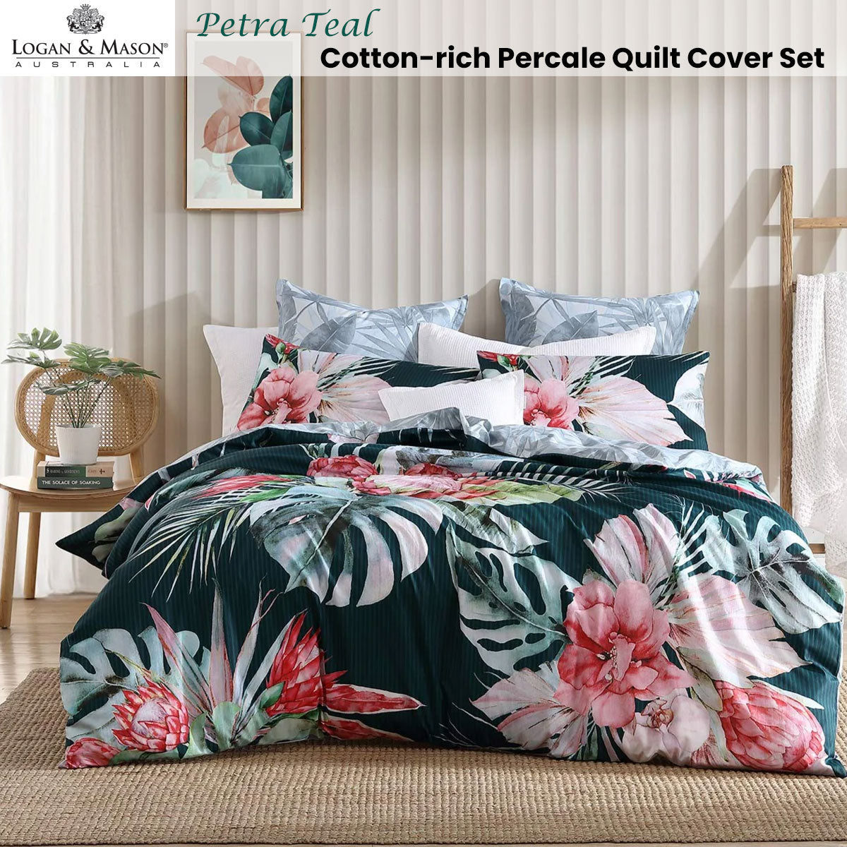 Logan and Mason Petra Teal Cotton-rich Percale Print Quilt Cover Set Queen