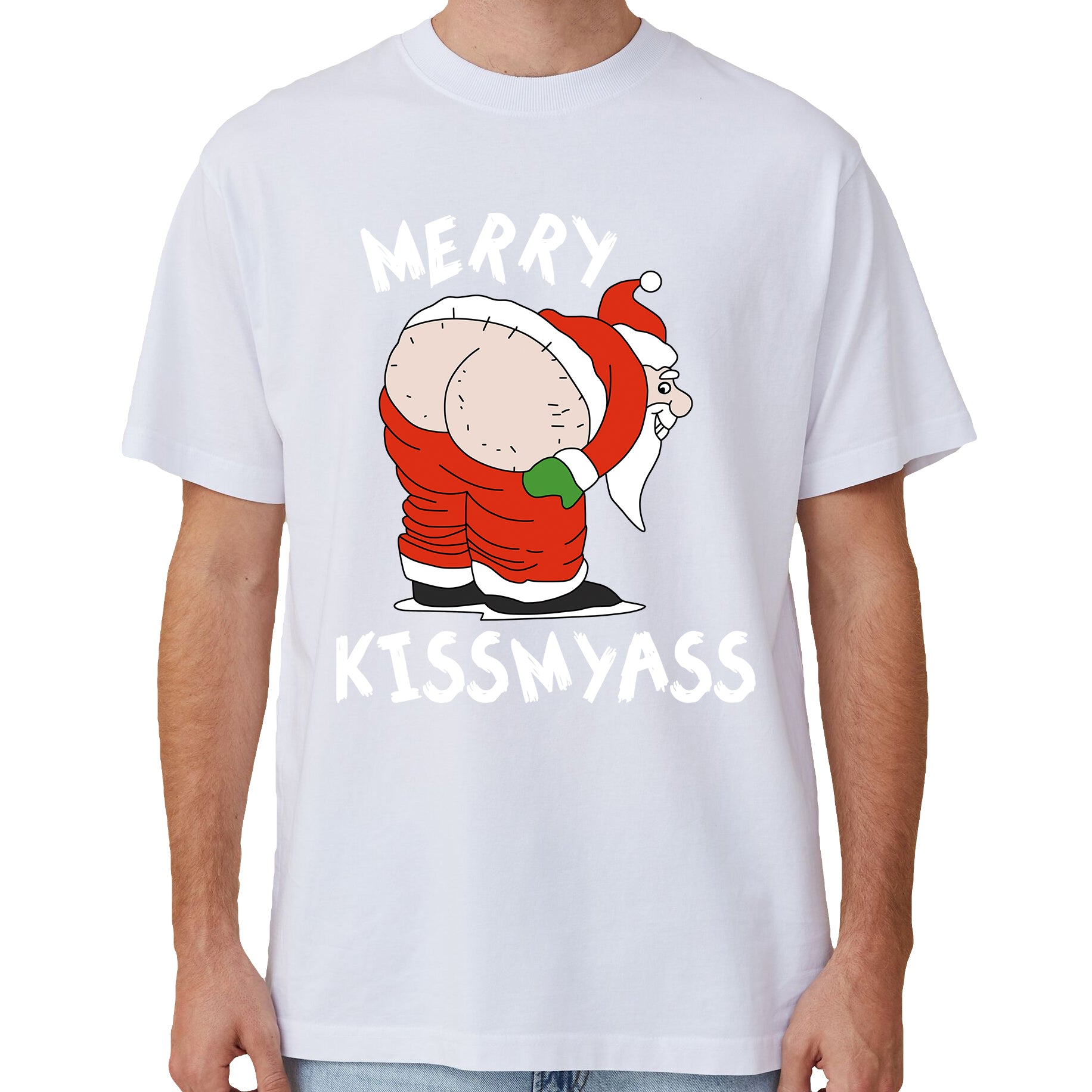 100% Cotton Christmas T-shirt Adult Unisex Tee Tops Funny Santa Party Custume, Merry Kissmyass (White), S