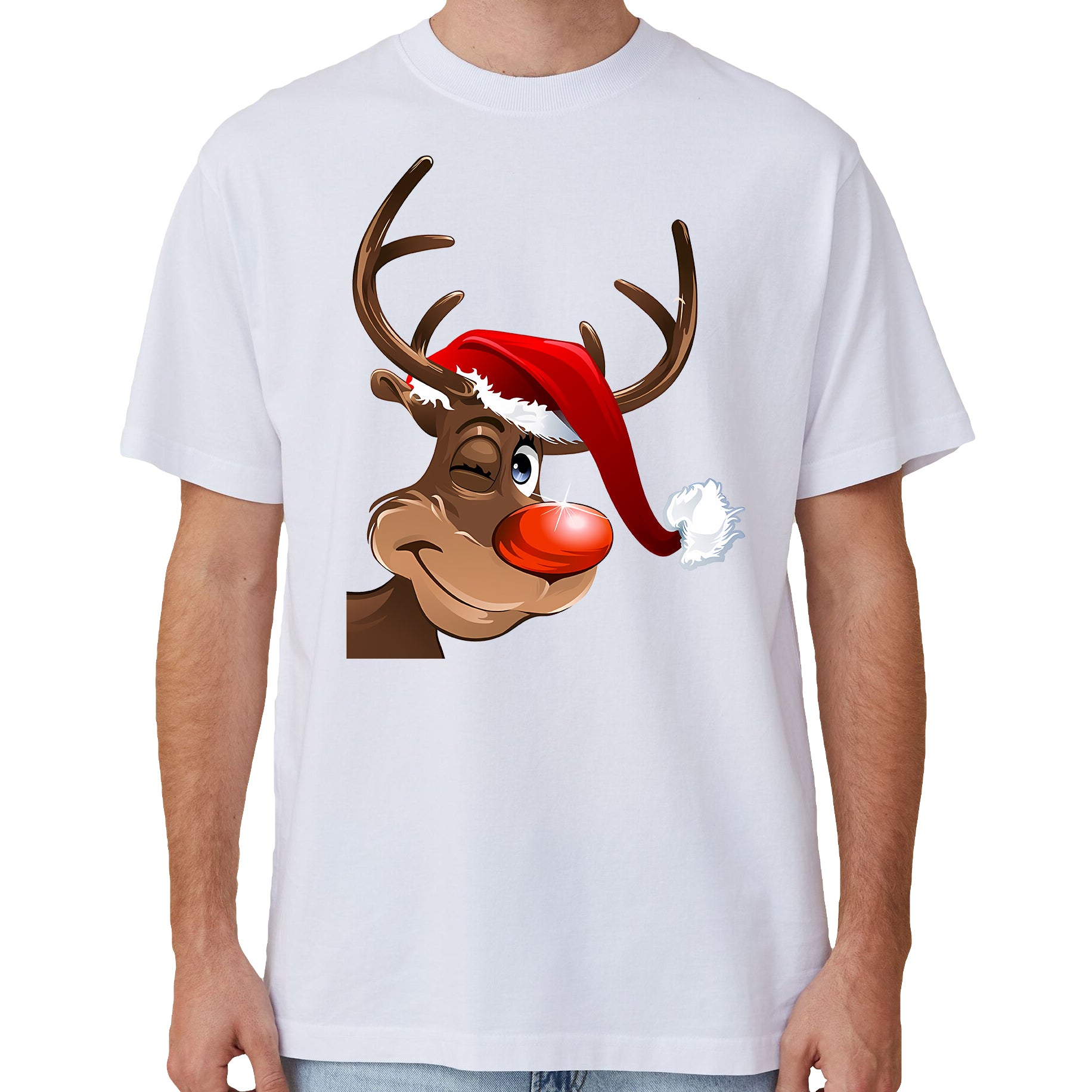 100% Cotton Christmas T-shirt Adult Unisex Tee Tops Funny Santa Party Custume, Reindeer Wink (White), 3XL