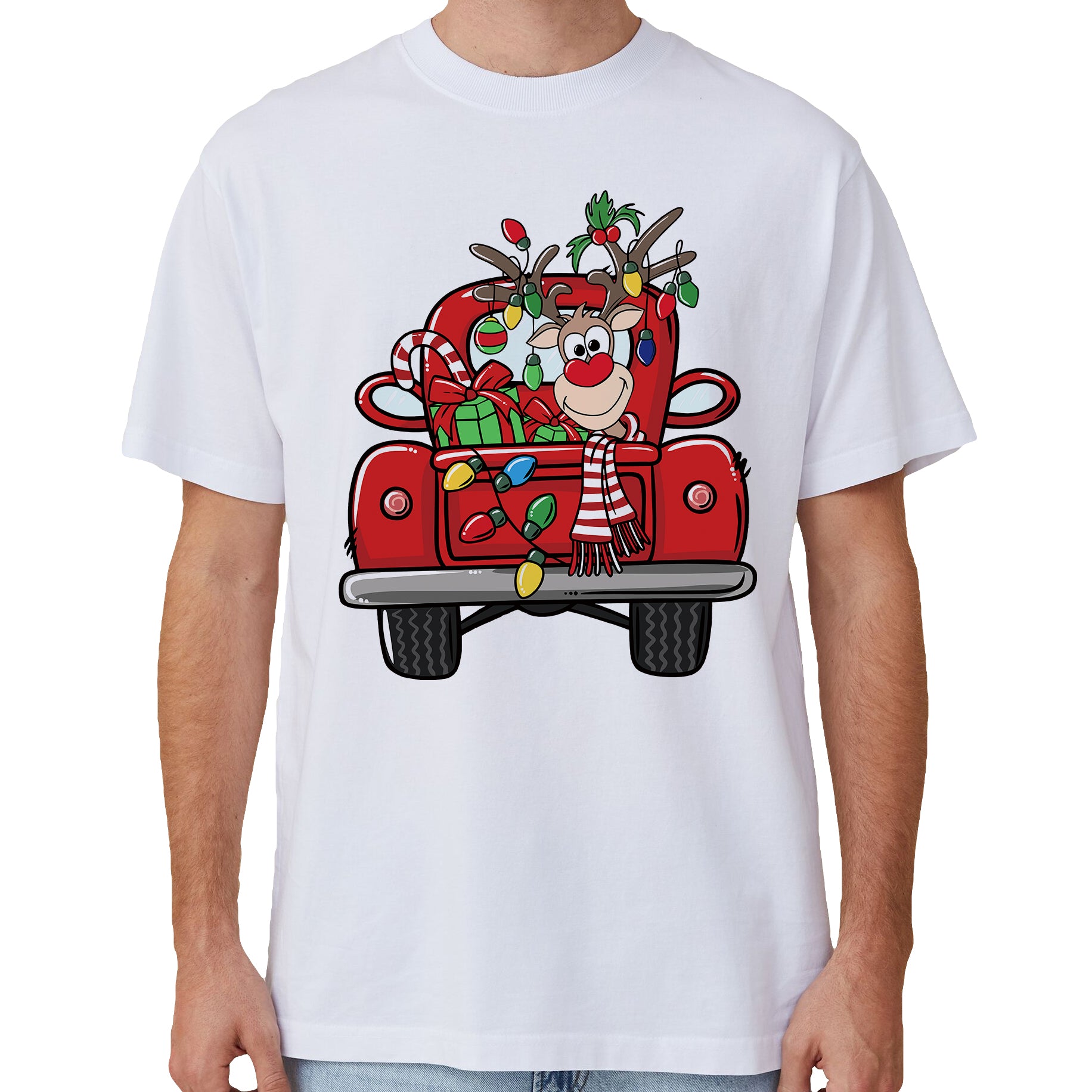 100% Cotton Christmas T-shirt Adult Unisex Tee Tops Funny Santa Party Custume, Car with Reindeer (White), S
