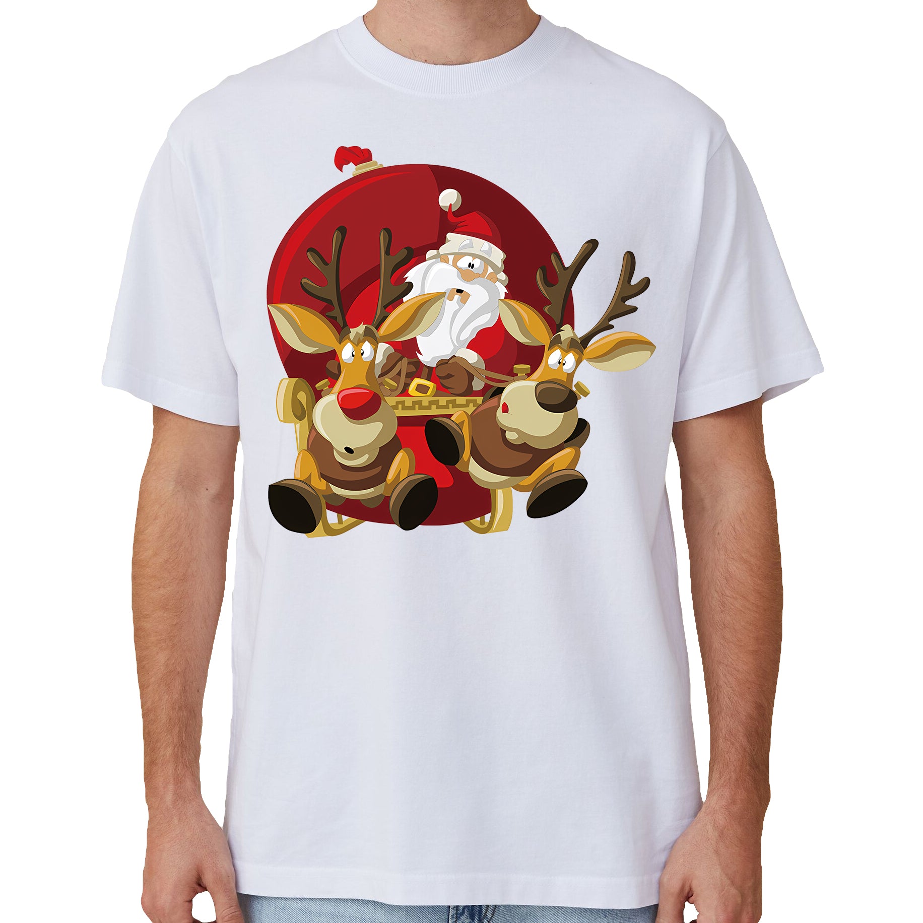 100% Cotton Christmas T-shirt Adult Unisex Tee Tops Funny Santa Party Custume, Santas Sleigh (White), L