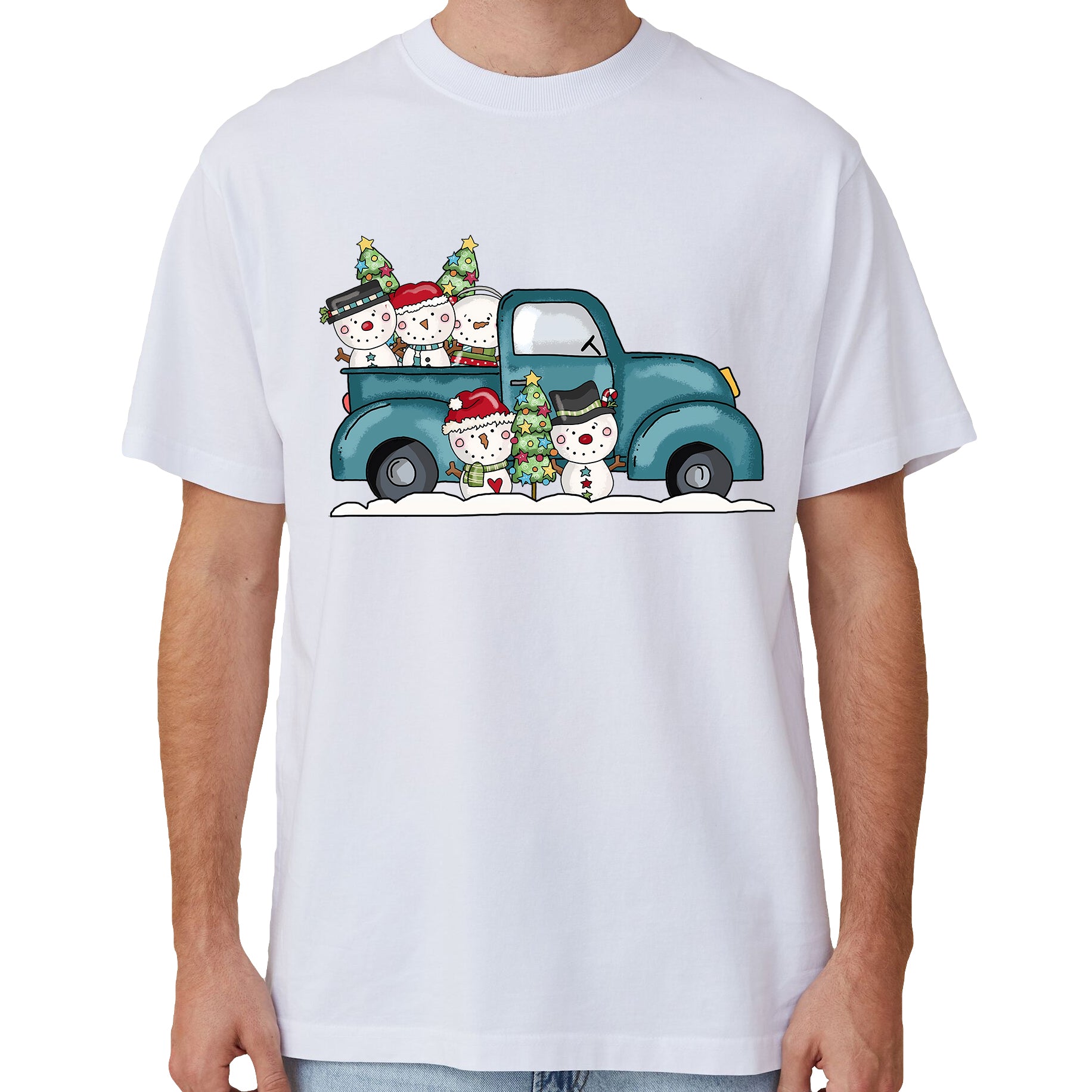 100% Cotton Christmas T-shirt Adult Unisex Tee Tops Funny Santa Party Custume, Car with Snowman (White), S