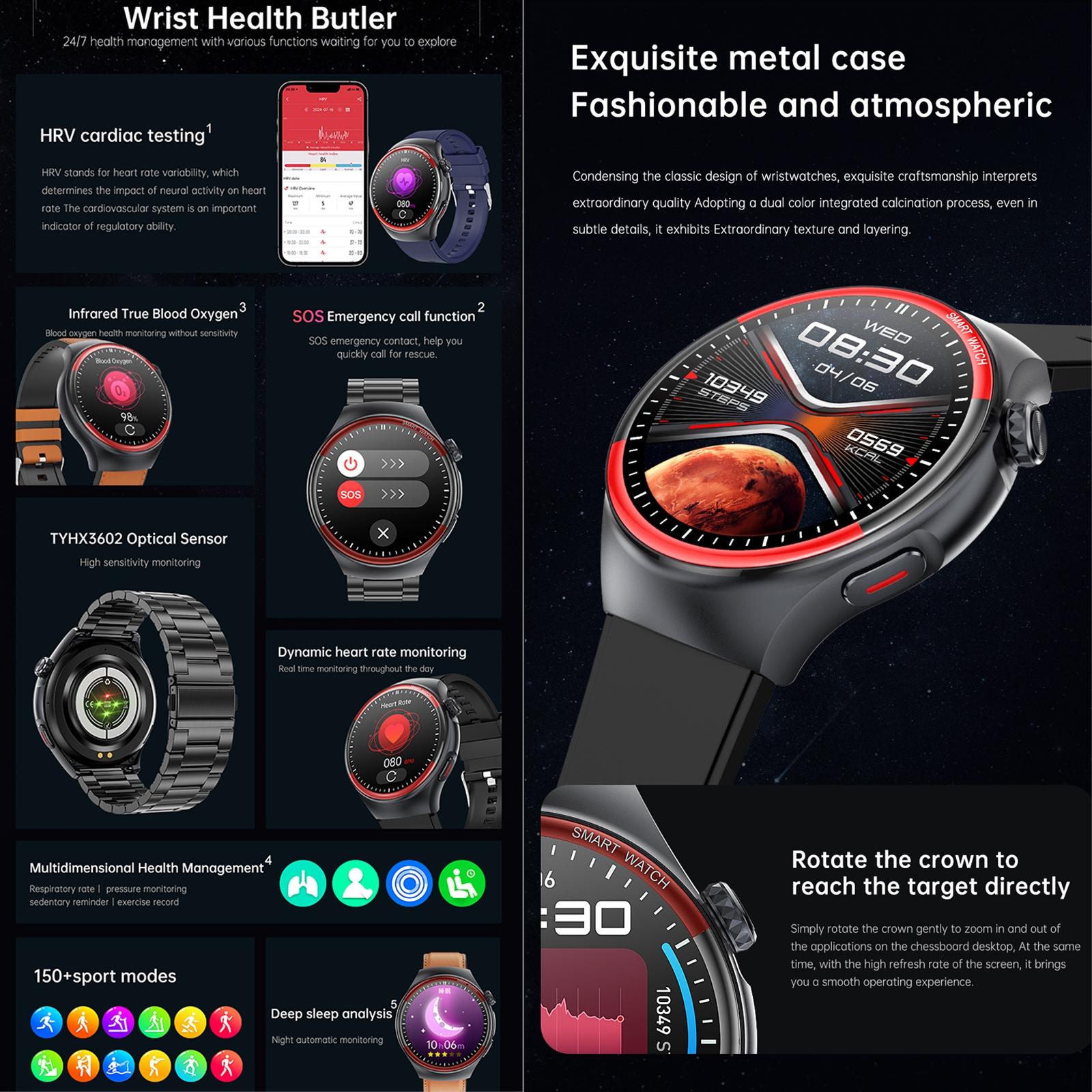 Smart Round Screen Watch With Bt Call And Health Tracking - Leather - Stainless Steel Black