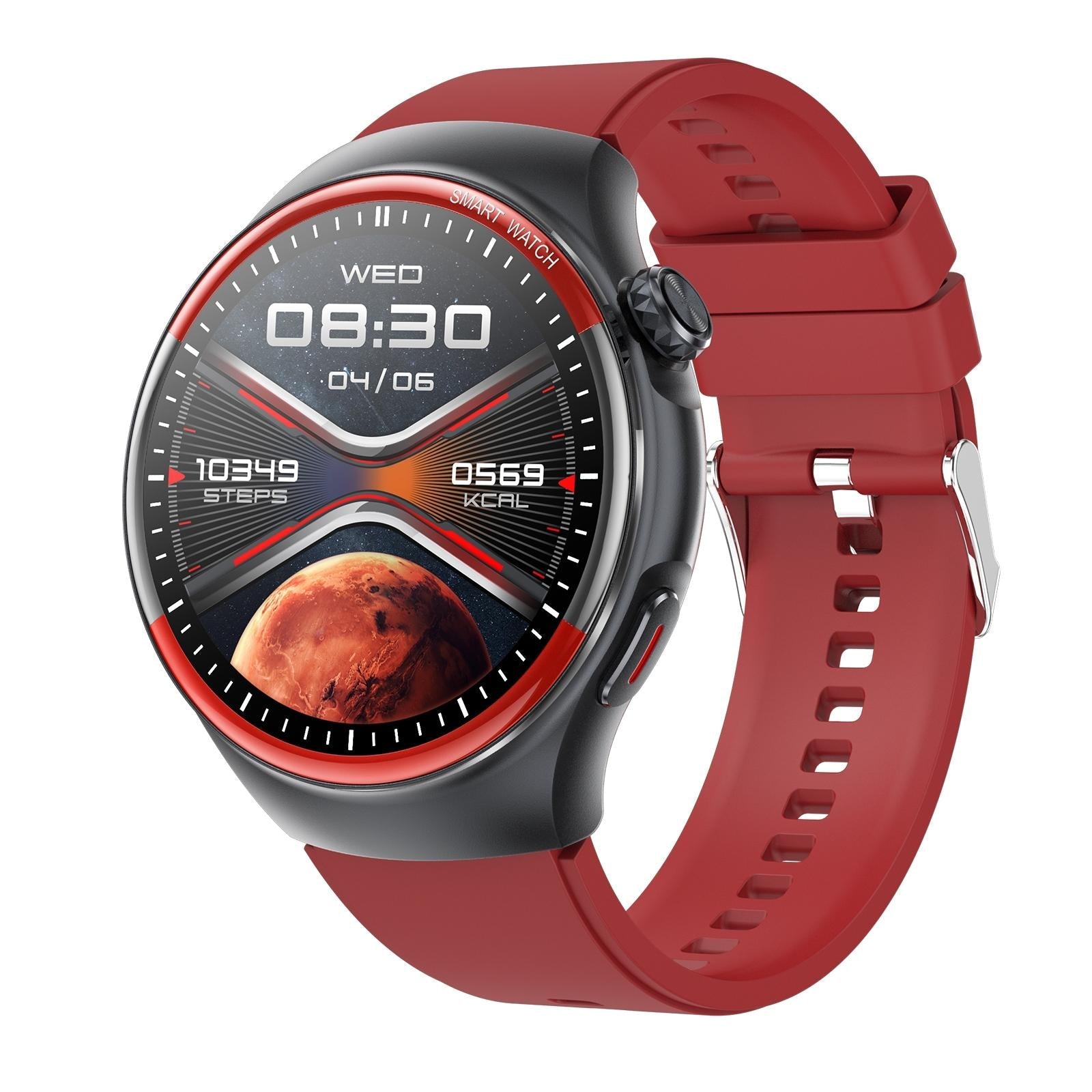 Smart Round Screen Watch With Bt Call And Health Tracking - Leather - Silicone Red