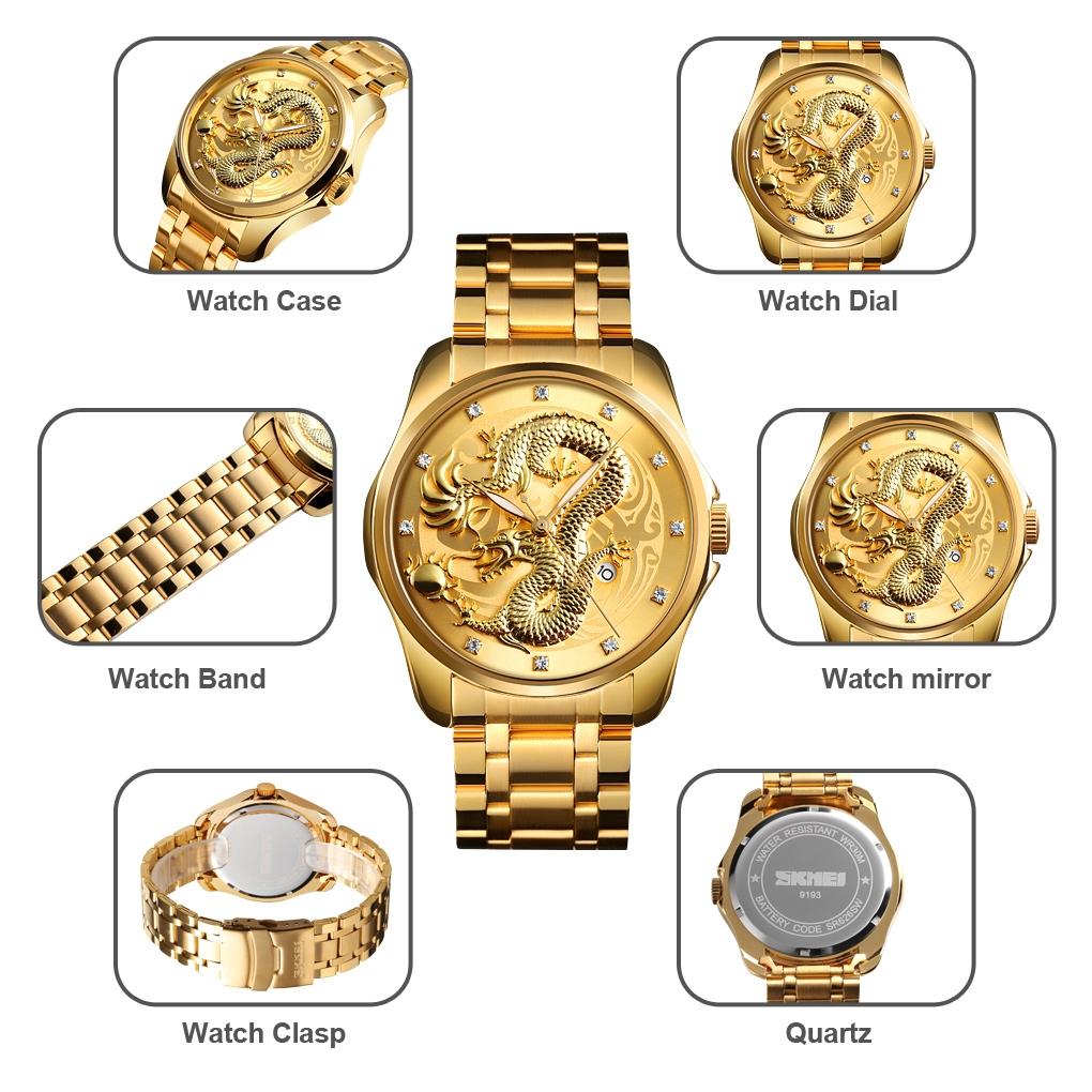 Men Golden Dragon Calendar Dial Quartz Watch with Luminous Hands - Silver Gold