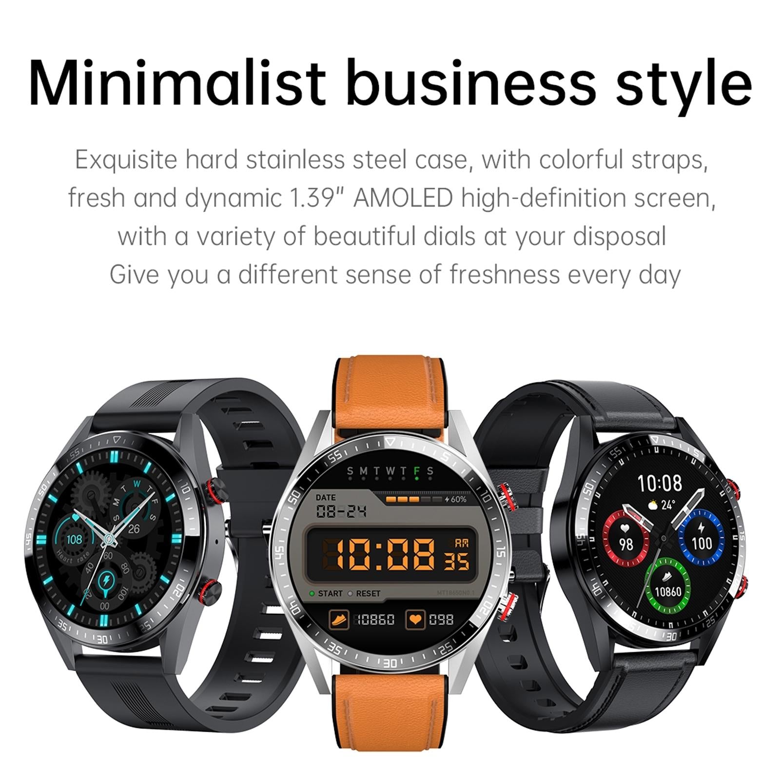 Leather Strap Amoled Smart Watch With Heart Rate And Blood Pressure Monitoring - Black