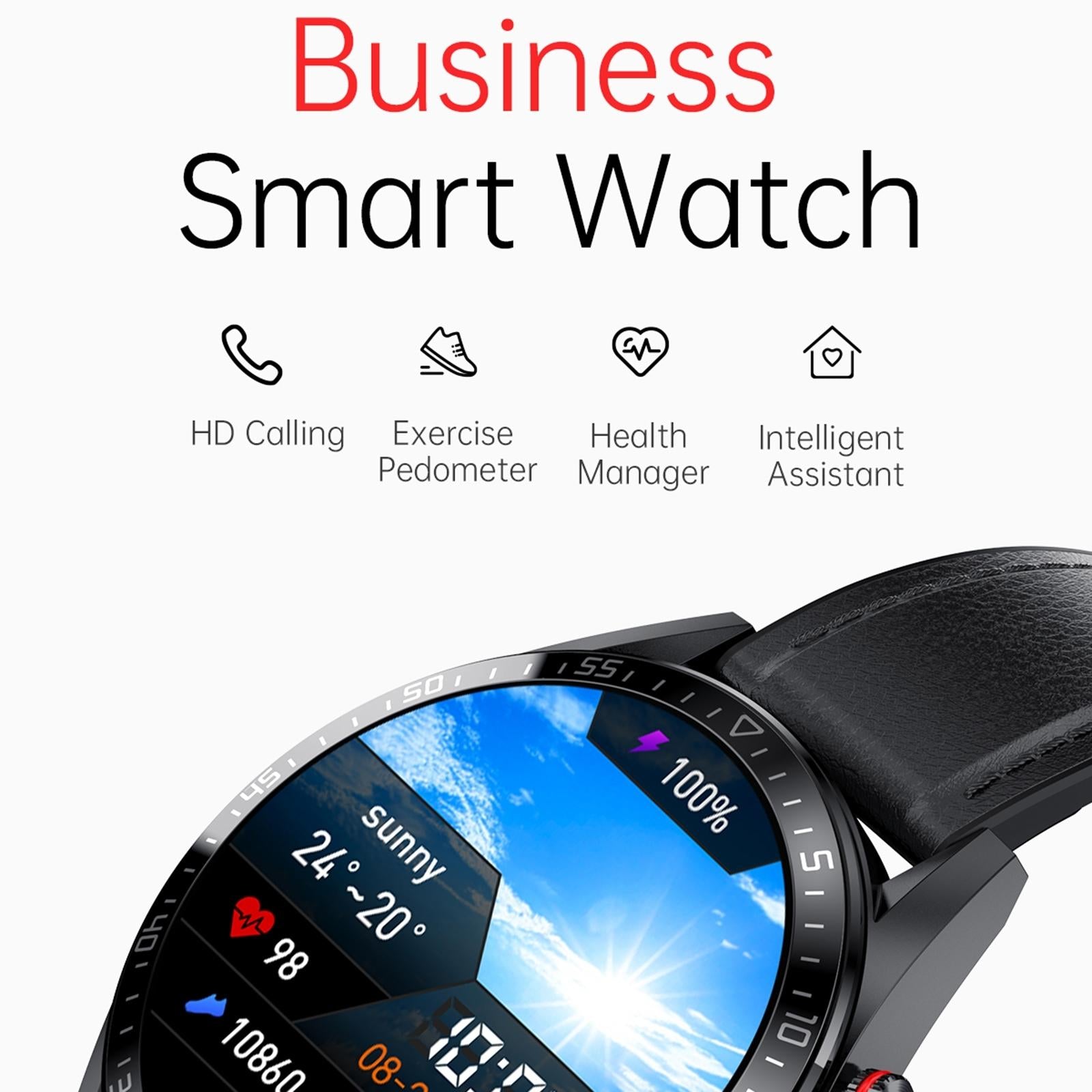 Leather Strap Amoled Smart Watch With Heart Rate And Blood Pressure Monitoring - Black