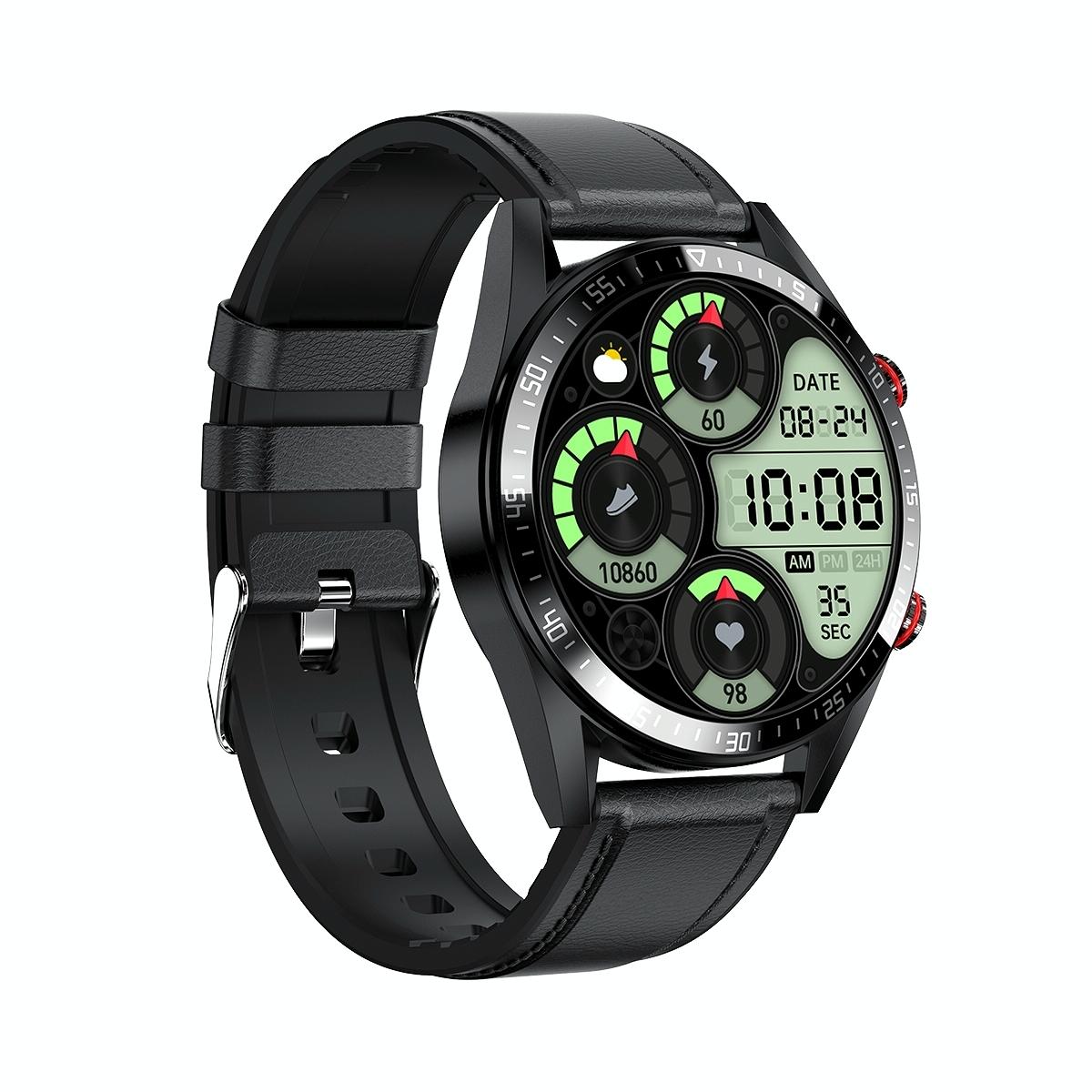 Leather Strap Amoled Smart Watch With Heart Rate And Blood Pressure Monitoring - Black