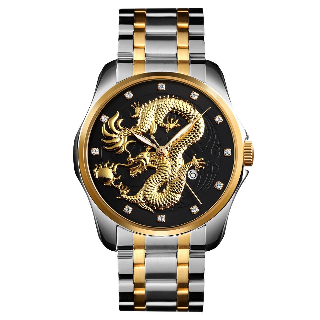 Men Golden Dragon Calendar Dial Quartz Watch with Luminous Hands - Silver Black
