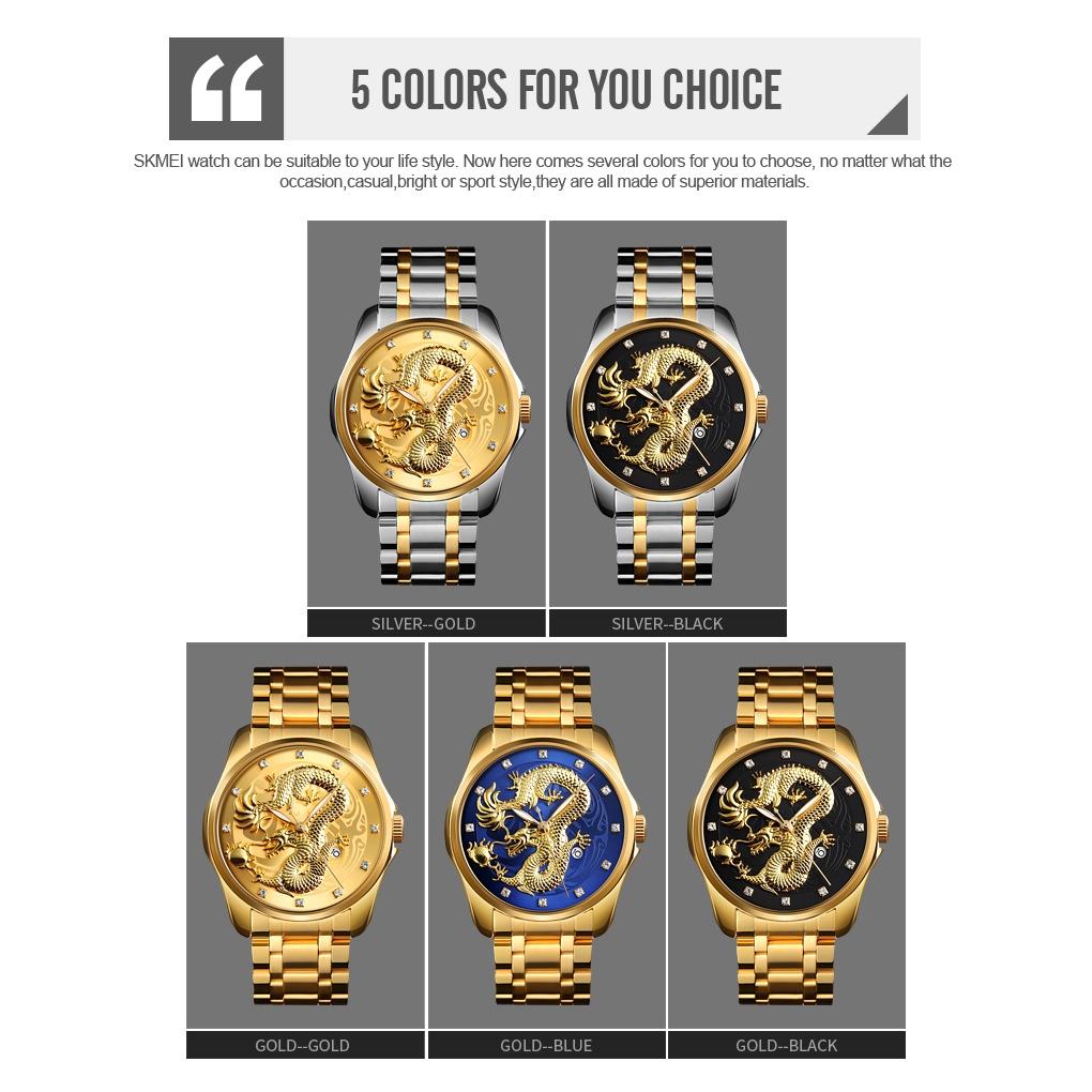 Men Golden Dragon Calendar Dial Quartz Watch with Luminous Hands - Silver Black