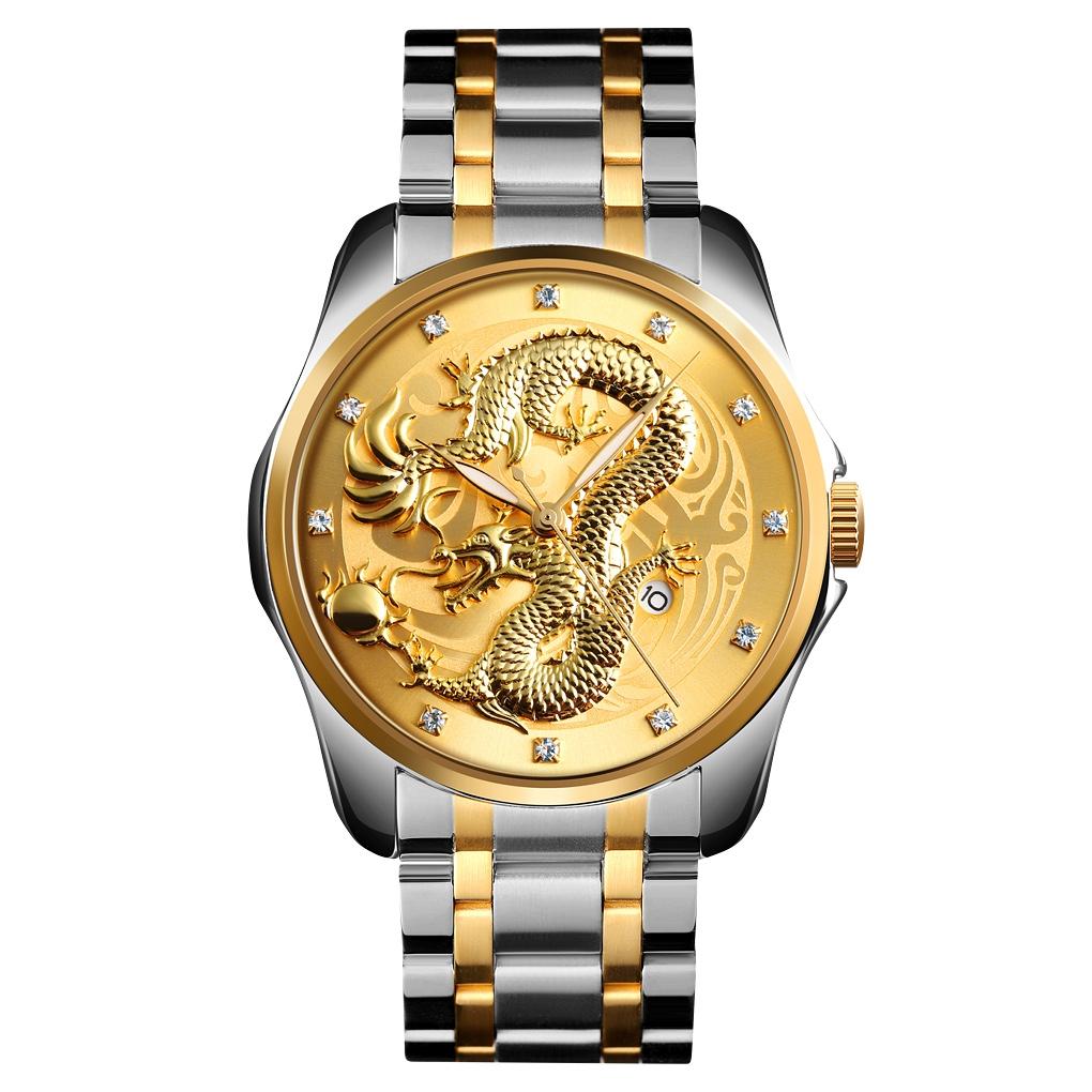 Men Golden Dragon Calendar Dial Quartz Watch with Luminous Hands - Silver Black